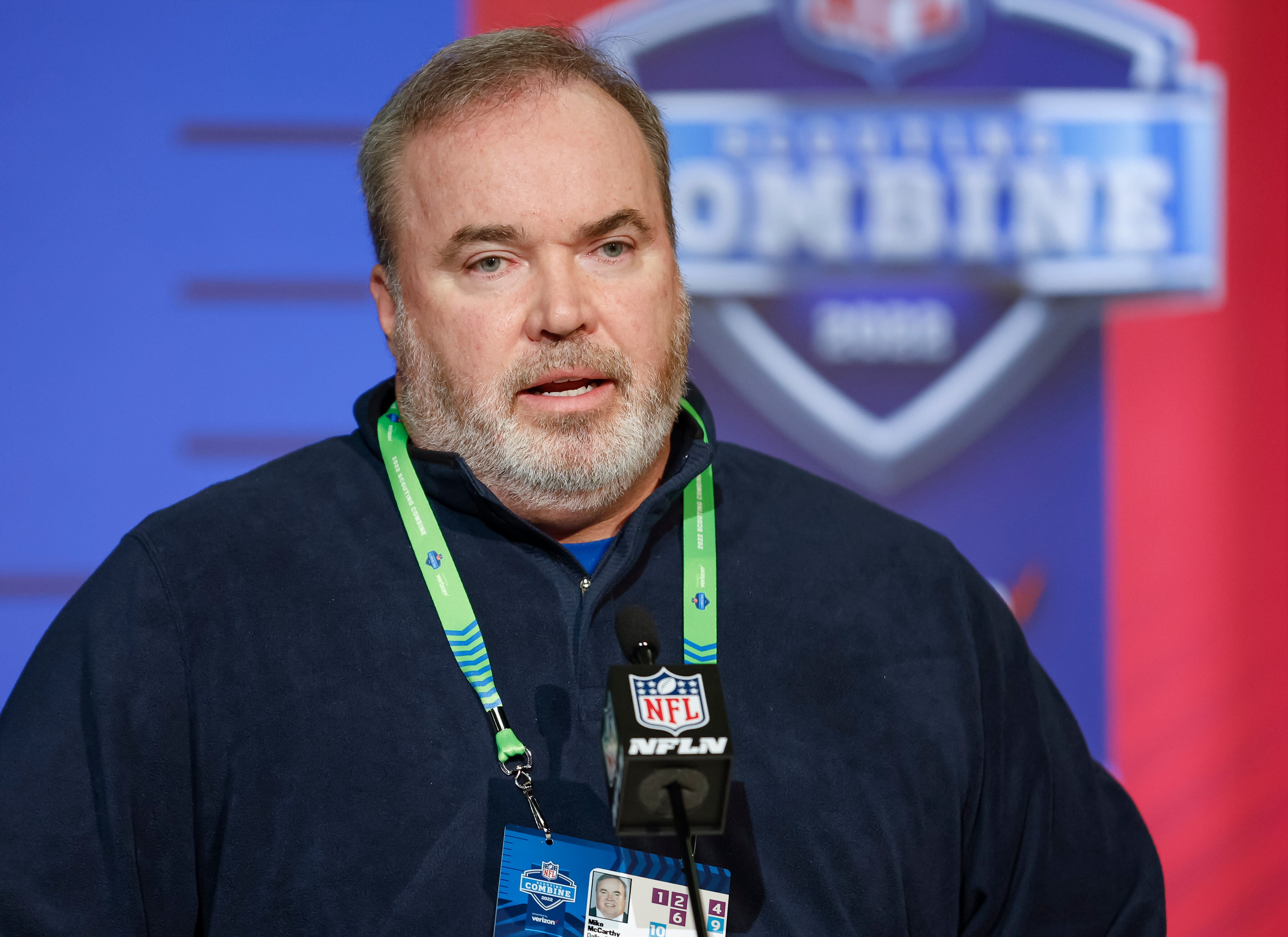 INDIANAPOLIS, IN - MAR 01: Mike McCarthy, head coach of the Dallas Cowboys speaks to reporters during the NFL Draft Combine at the Indiana Convention Center on March 1, 2022 in Indianapolis, Indiana. (Photo by Michael Hickey/Getty Images)