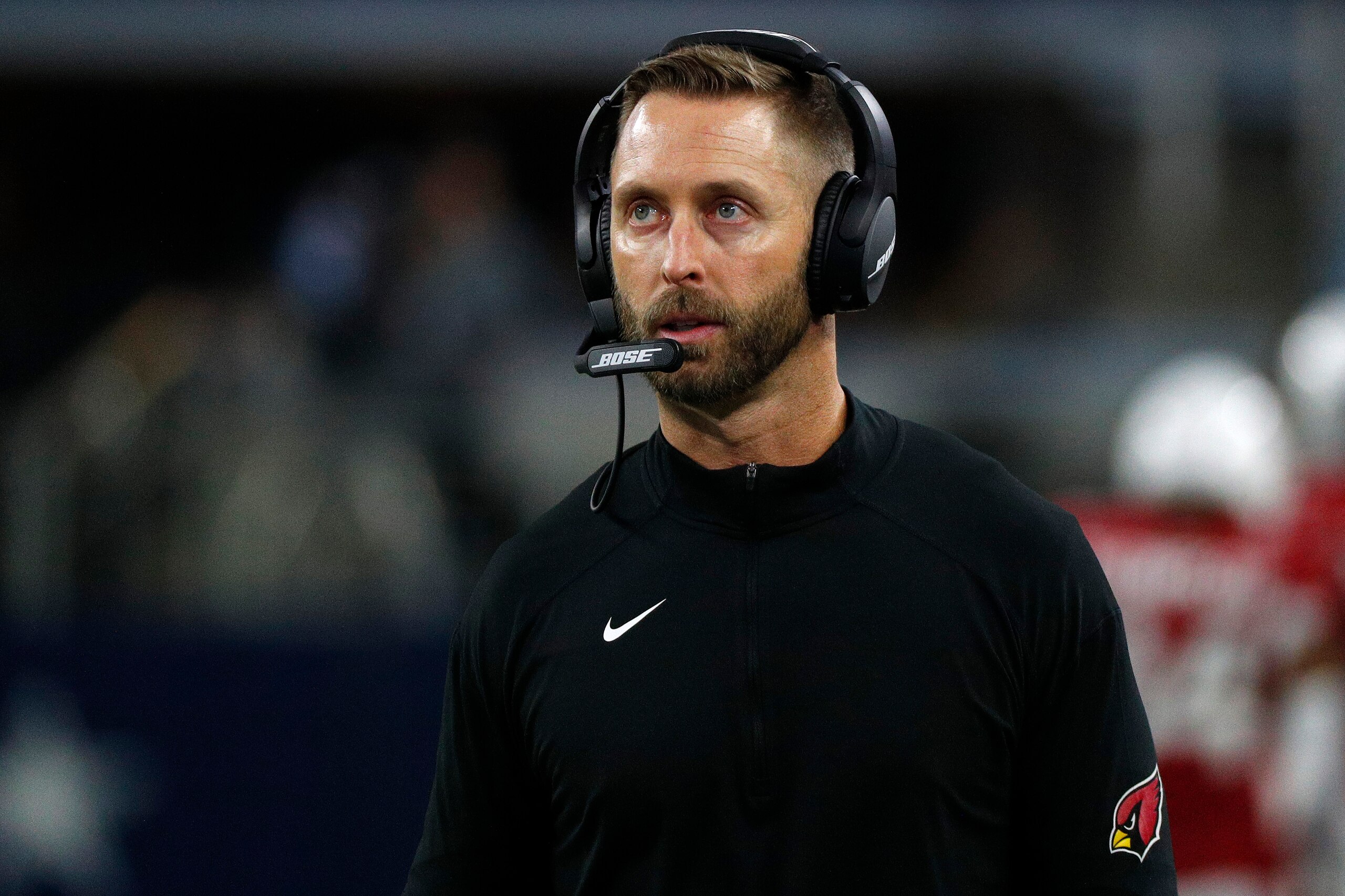 ARLINGTON, TEXAS - JANUARY 02: ead coach Kliff Kingsbury of the Arizona Cardinals  looks on during the second half against the Dallas Cowboys at AT&T Stadium on January 02, 2022 in Arlington, Texas. (Photo by Richard Rodriguez/Getty Images)