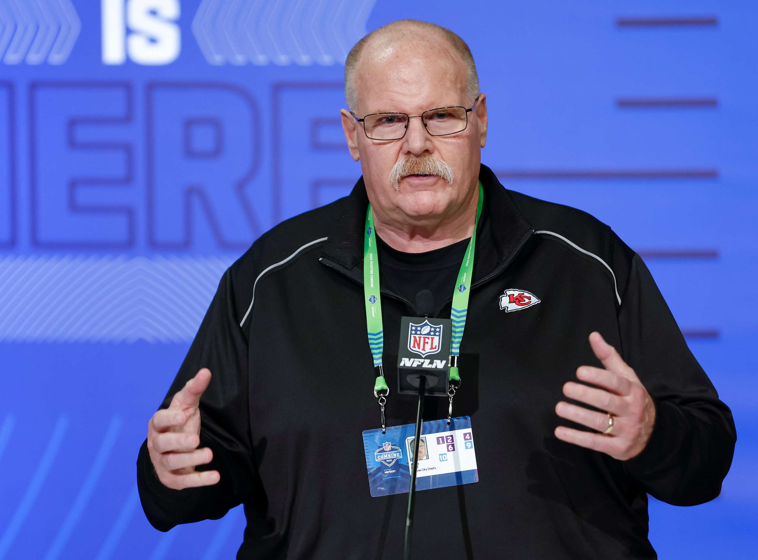 INDIANAPOLIS, IN - MAR 01: Andy Reid, head coach of the Atlanta Falcons speaks to reporters during the NFL Draft Combine at the Indiana Convention Center on March 1, 2022 in Indianapolis, Indiana. (Photo by Michael Hickey/Getty Images)