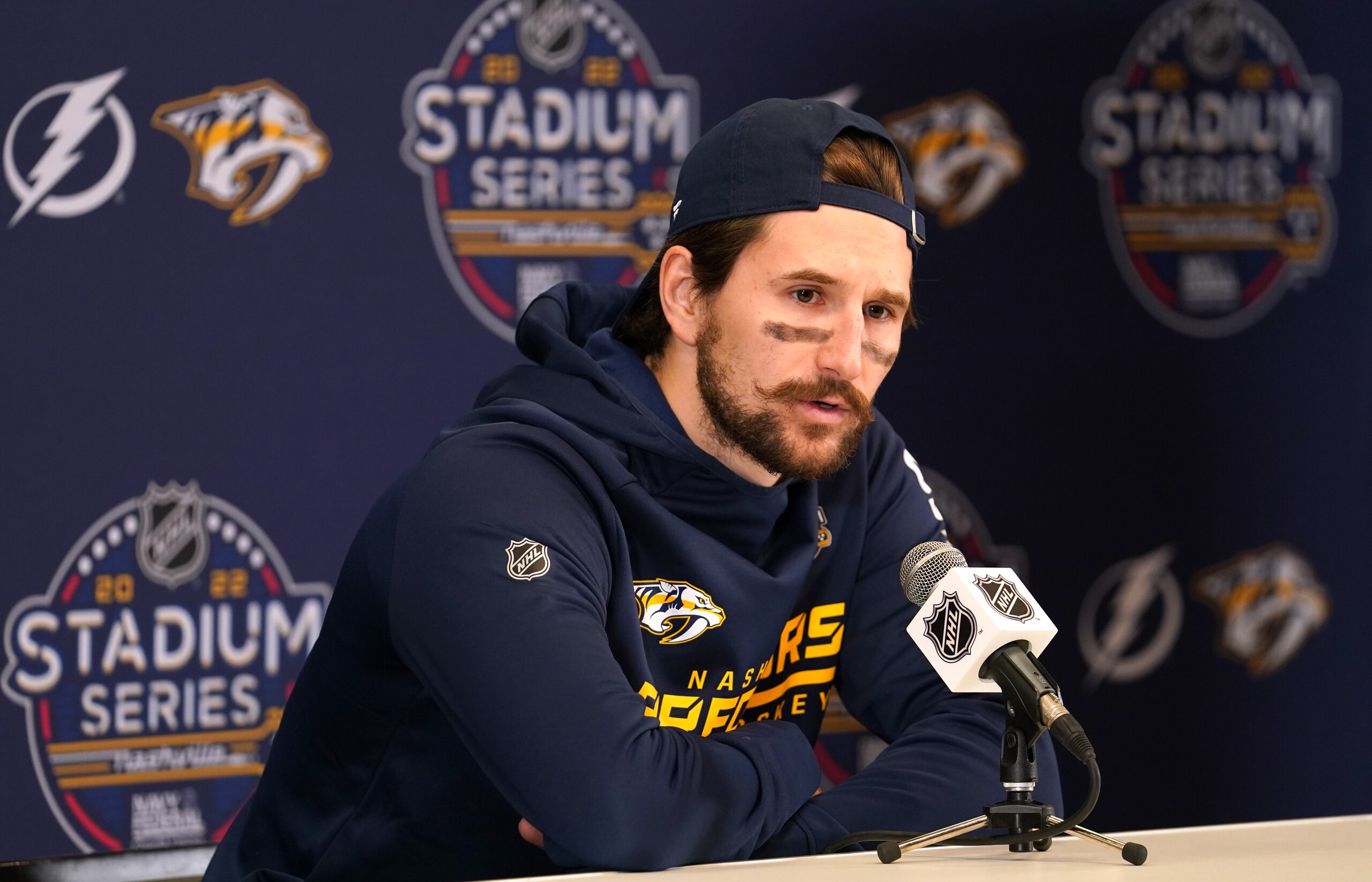 NASHVILLE, TENNESSEE - FEBRUARY 25: Filip Forsberg #9 of the Nashville Predators attends a press conference after practice at Nissan Stadium on February 25, 2022 in Nashville, Tennessee. (Photo by Evan Frost/NHLI via Getty Images)
