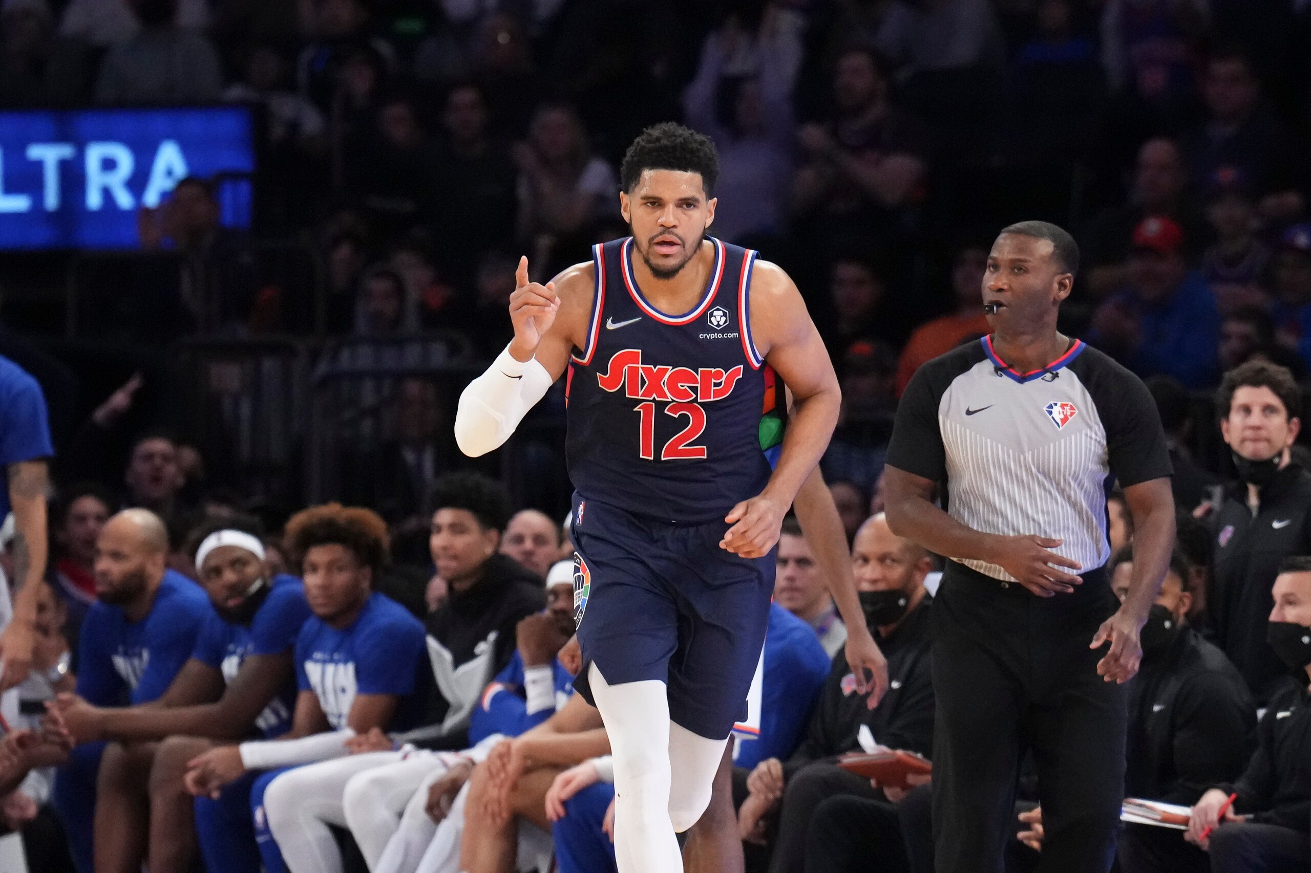 NEW YORK, NY - FEBRUARY 27: Tobias Harris #12 of the Philadelphia 76ers reacts to a play during the game against the New York Knicks on February 27, 2022 at Madison Square Garden in New York City, New York.  NOTE TO USER: User expressly acknowledges and agrees that, by downloading and or using this photograph, User is consenting to the terms and conditions of the Getty Images License Agreement. Mandatory Copyright Notice: Copyright 2022 NBAE  (Photo by Jesse D. Garrabrant/NBAE via Getty Images)