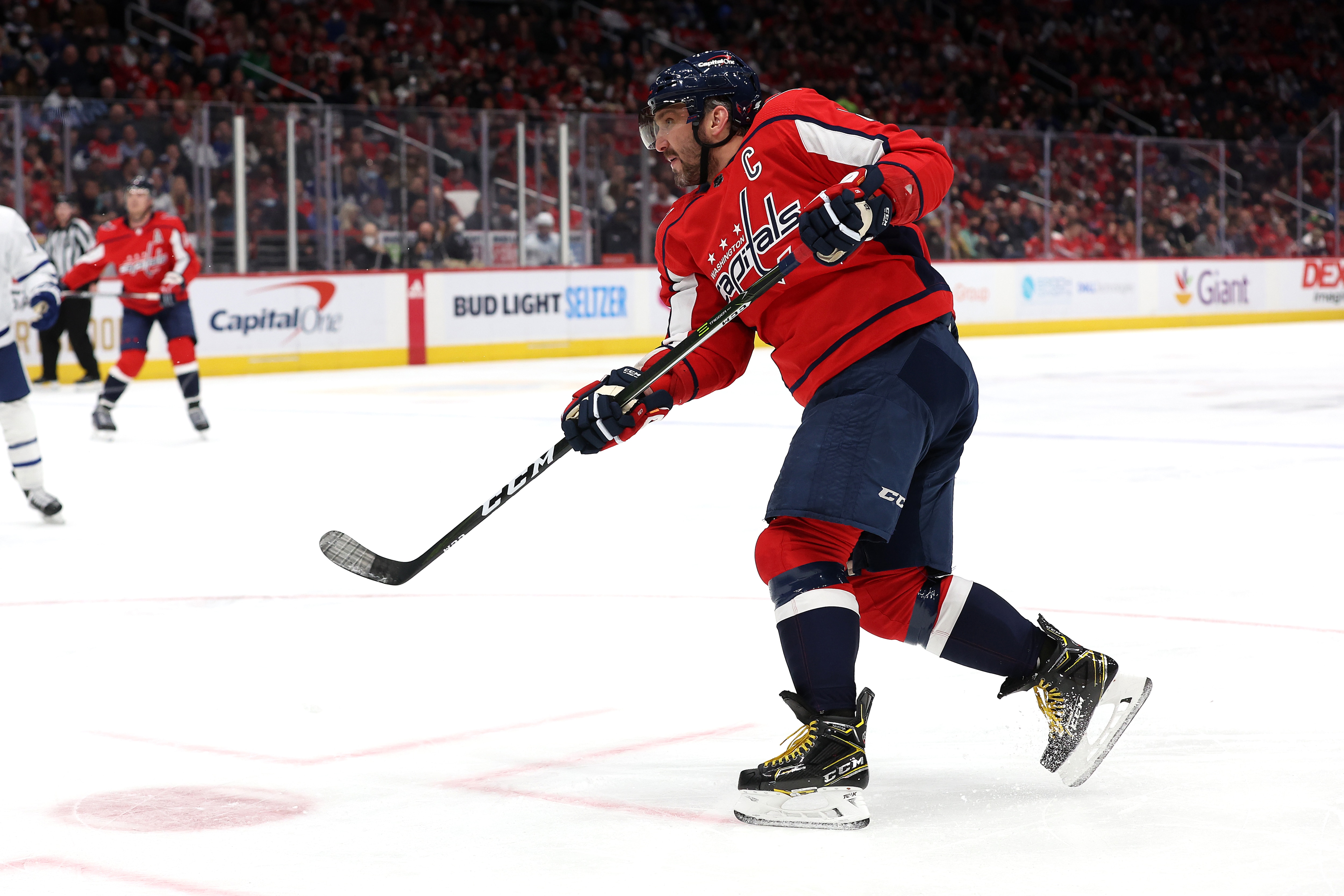 WASHINGTON, DC - FEBRUARY 28: Alex Ovechkin #8 of the Washington Capitals skates on the ice in the second period against the Toronto Maple Leafs at Capital One Arena on February 28, 2022 in Washington, DC. (Photo by Rob Carr/Getty Images)