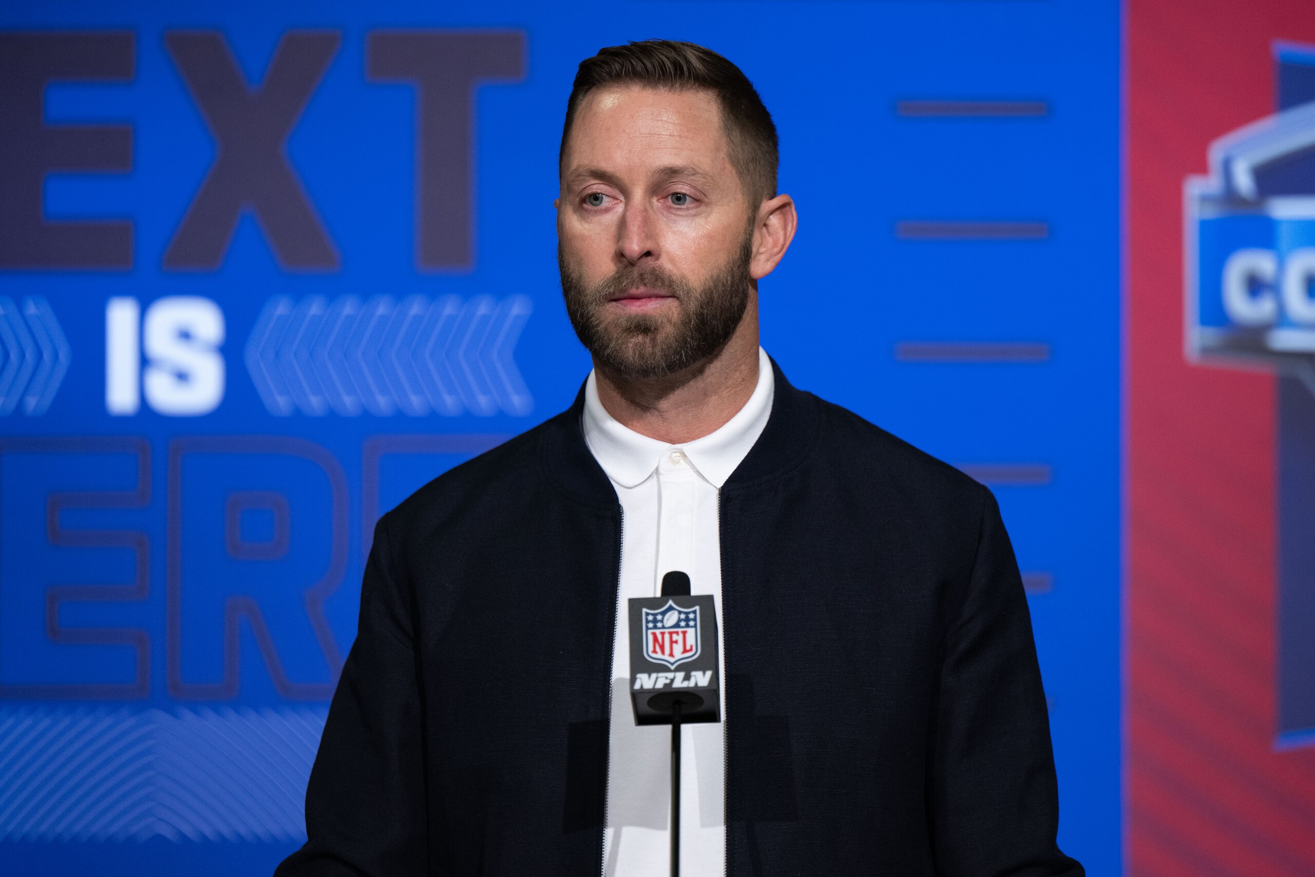 INDIANAPOLIS, IN - MARCH 01: Arizona Cardinals head coach Kliff Kingsbury answers questions from the media during the NFL Scouting Combine on March 1, 2022, at the Indiana Convention Center in Indianapolis, IN. (Photo by Zach Bolinger/Icon Sportswire via Getty Images)