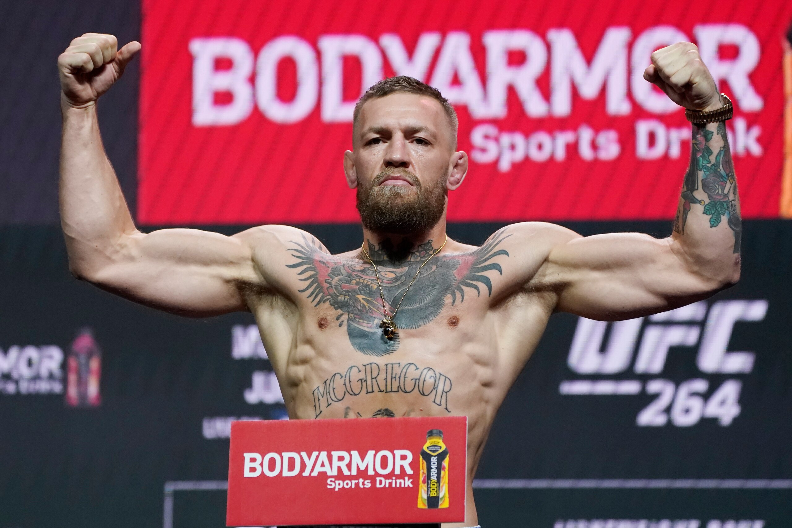 Conor McGregor poses during a ceremonial weigh-in for a UFC 264 mixed martial arts bout Friday, July 9, 2021, in Las Vegas. McGregor is scheduled to fight Dustin Poirier in a lightweight bout Saturday in Las Vegas (AP Photo/John Locher)