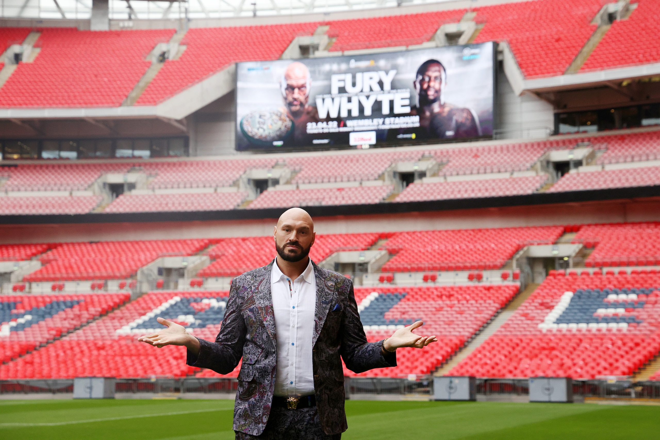 LONDON, ENGLAND - MARCH 01: Tyson Fury poses for a portrait during the Tyson Fury v Dillian Whyte press conference at Wembley Stadium on March 01, 2022 in London, England. (Photo by James Chance/Getty Images)
