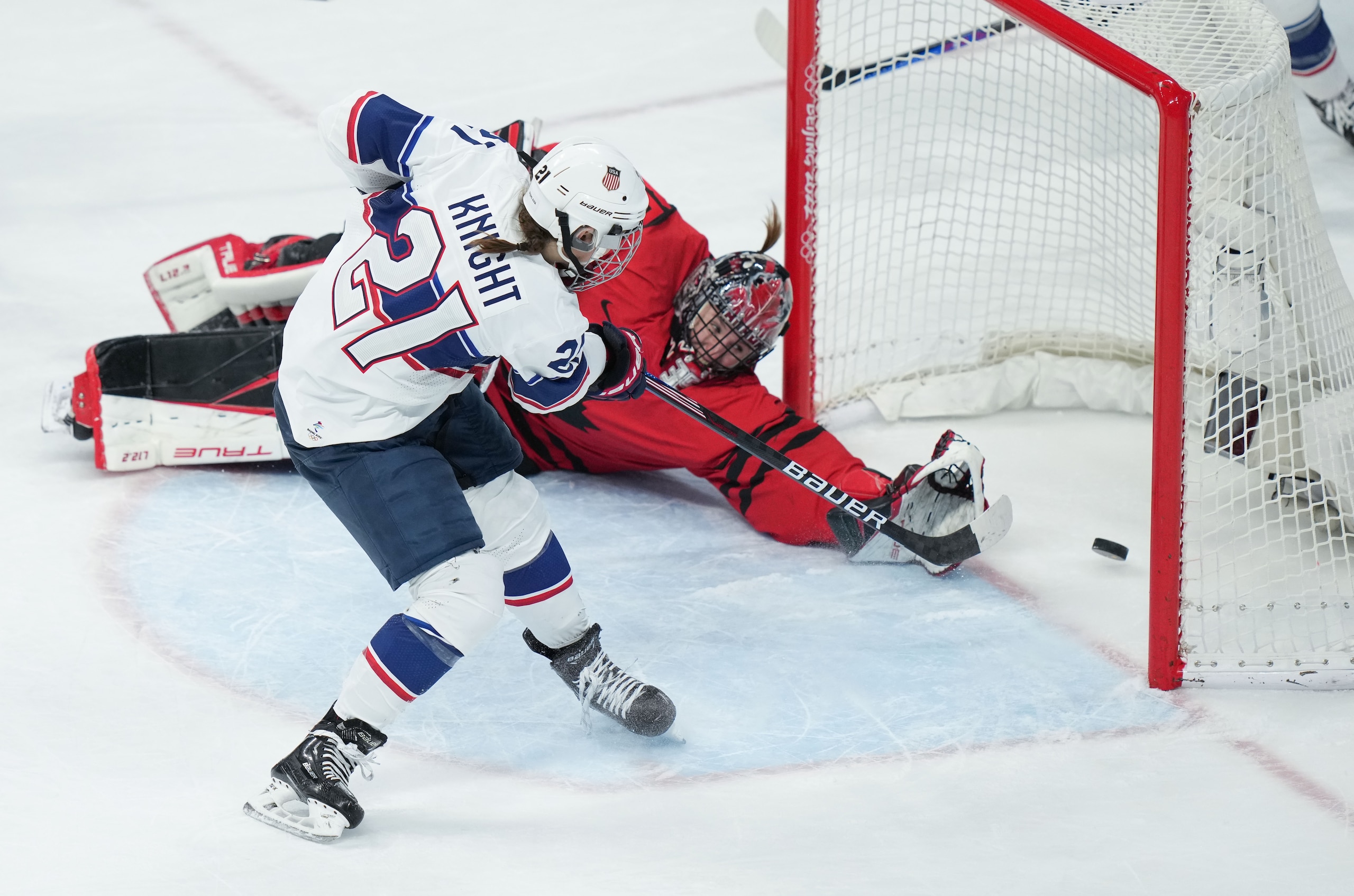 Hilary Knight front of the United States goals during the ice hockey women's Gold medal game of Beijing 2022 Winter Olympics between Canada and the United States at Wukesong Sports Centre in Beijing, capital of China, Feb. 17, 2022. (Photo by Meng Yongmin/Xinhua via Getty Images)