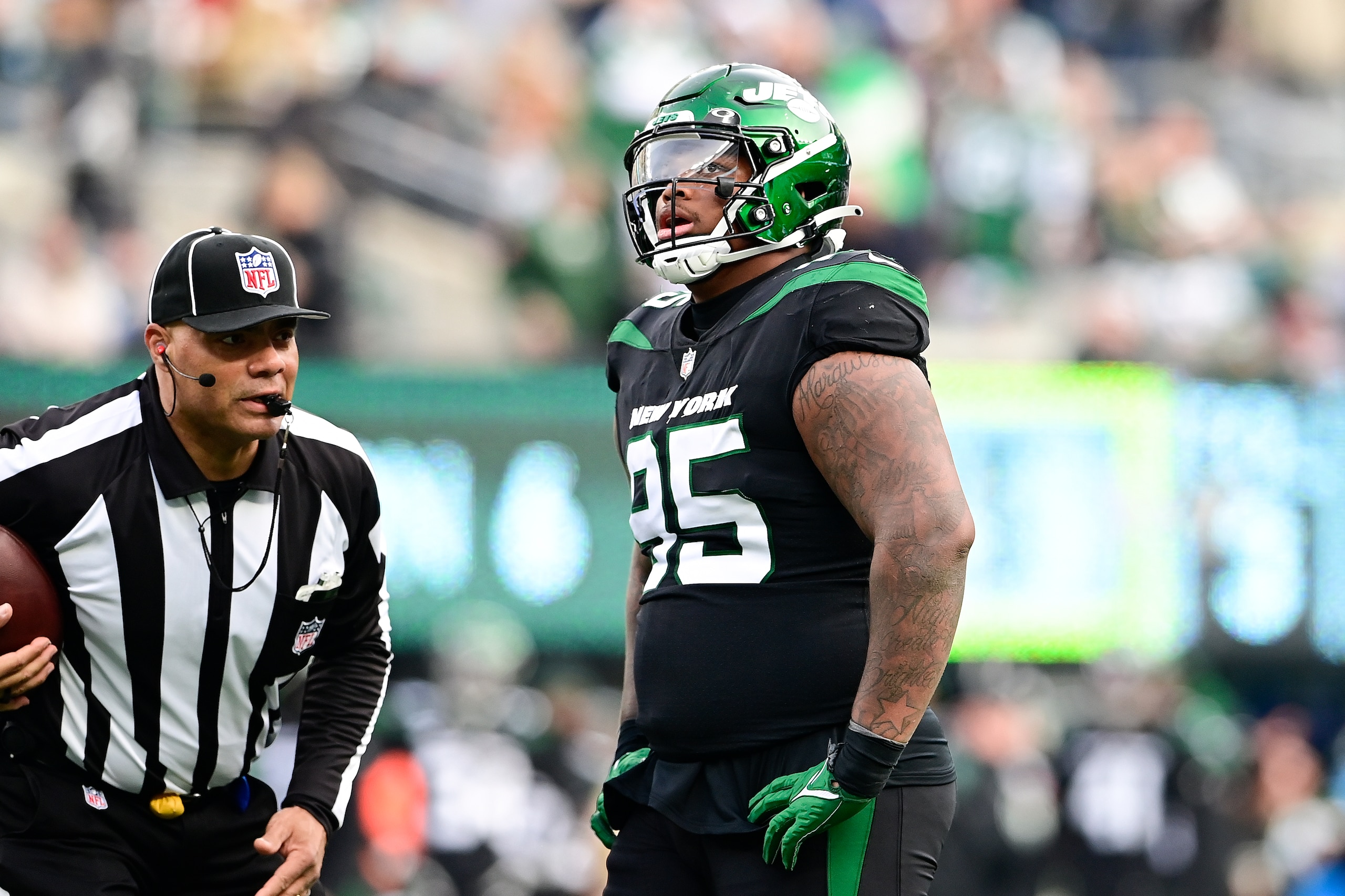 EAST RUTHERFORD, NEW JERSEY - DECEMBER 05:  Quinnen Williams #95 of the New York Jets looks on against the Philadelphia Eagles at MetLife Stadium on December 05, 2021 in East Rutherford, New Jersey. (Photo by Steven Ryan/Getty Images)