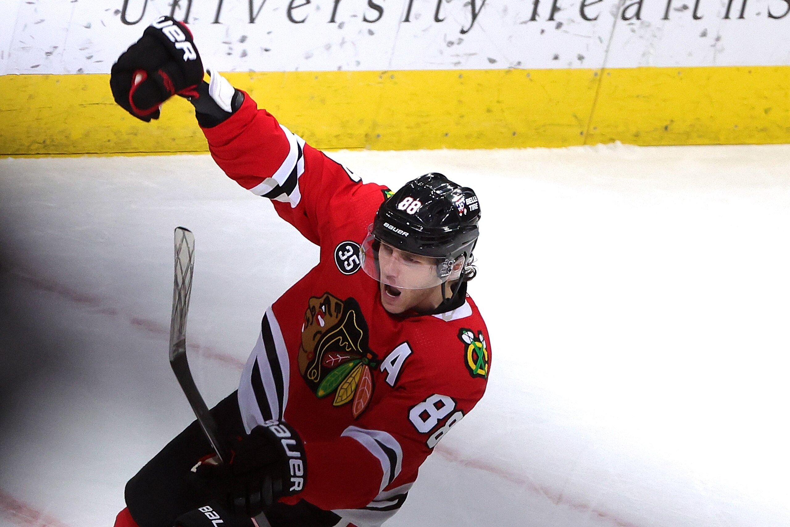 CHICAGO, ILLINOIS - FEBRUARY 25: Patrick Kane #88 of the Chicago Blackhawks celebrates a goal during the third period for a hat trick against the New Jersey Devils at United Center on February 25, 2022 in Chicago, Illinois. (Photo by Stacy Revere/Getty Images)