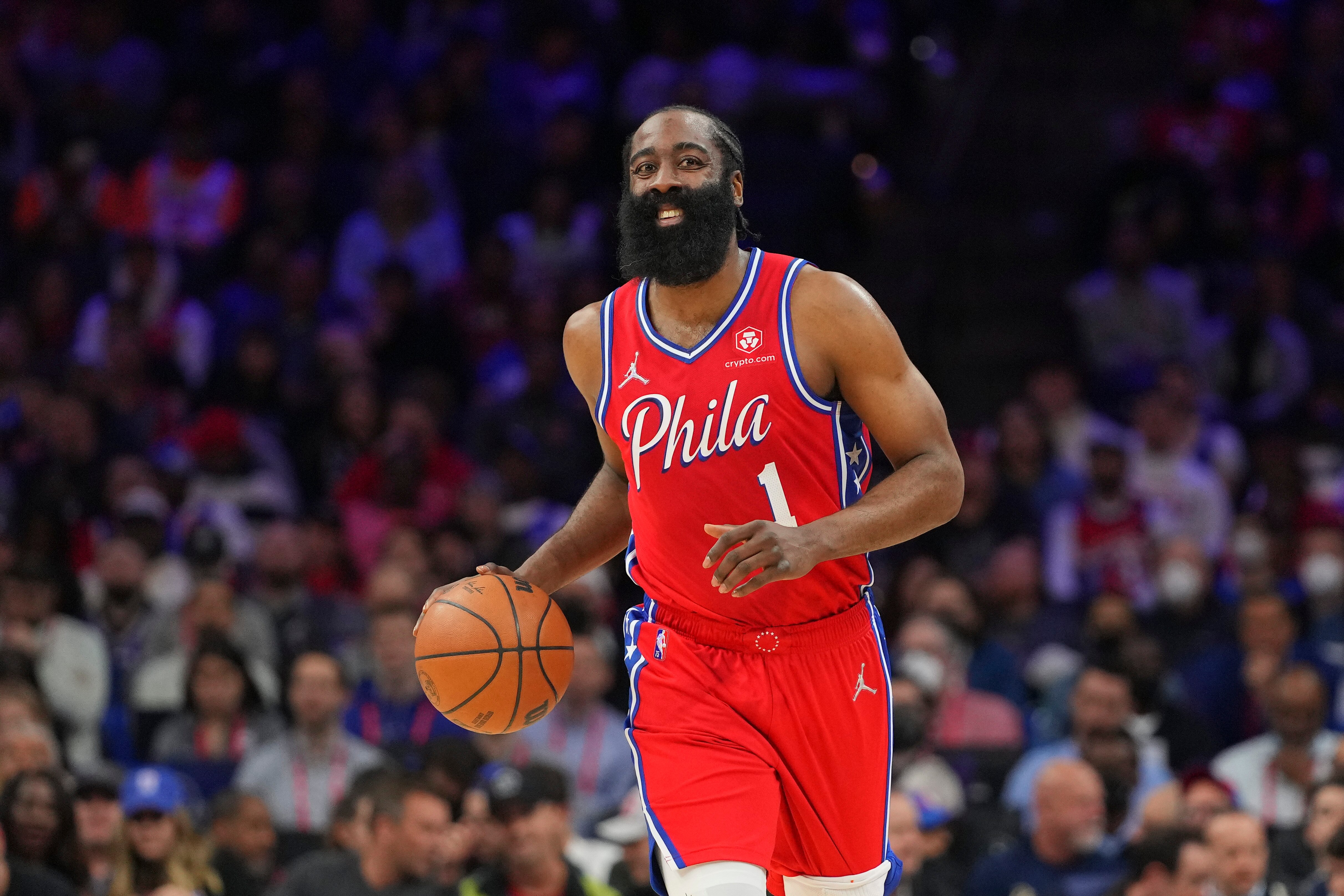 PHILADELPHIA, PA - MARCH 02: James Harden #1 of the Philadelphia 76ers dribbles the ball against the New York Knicks in the first half at the Wells Fargo Center on March 2, 2022 in Philadelphia, Pennsylvania. NOTE TO USER: User expressly acknowledges and agrees that, by downloading and or using this photograph, User is consenting to the terms and conditions of the Getty Images License Agreement. (Photo by Mitchell Leff/Getty Images) PHILADELPHIA, PA - MARCH 02: James Harden #1 of the Philadelphia 76ers dribbles the ball against the New York Knicks in the first half at the Wells Fargo Center on March 2, 2022 in Philadelphia, Pennsylvania. NOTE TO USER: User expressly acknowledges and agrees that, by downloading and or using this photograph, User is consenting to the terms and conditions of the Getty Images License Agreement. (Photo by Mitchell Leff/Getty Images)