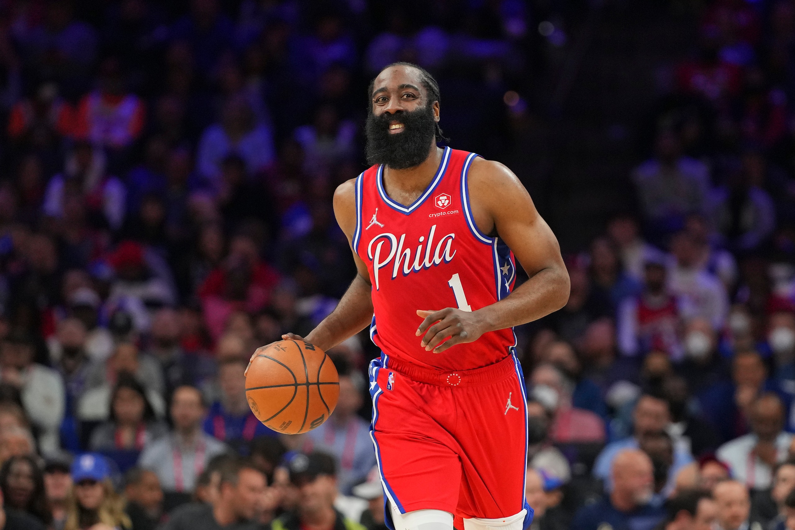 PHILADELPHIA, PA - MARCH 02: James Harden #1 of the Philadelphia 76ers dribbles the ball against the New York Knicks in the first half at the Wells Fargo Center on March 2, 2022 in Philadelphia, Pennsylvania. NOTE TO USER: User expressly acknowledges and agrees that, by downloading and or using this photograph, User is consenting to the terms and conditions of the Getty Images License Agreement. (Photo by Mitchell Leff/Getty Images)