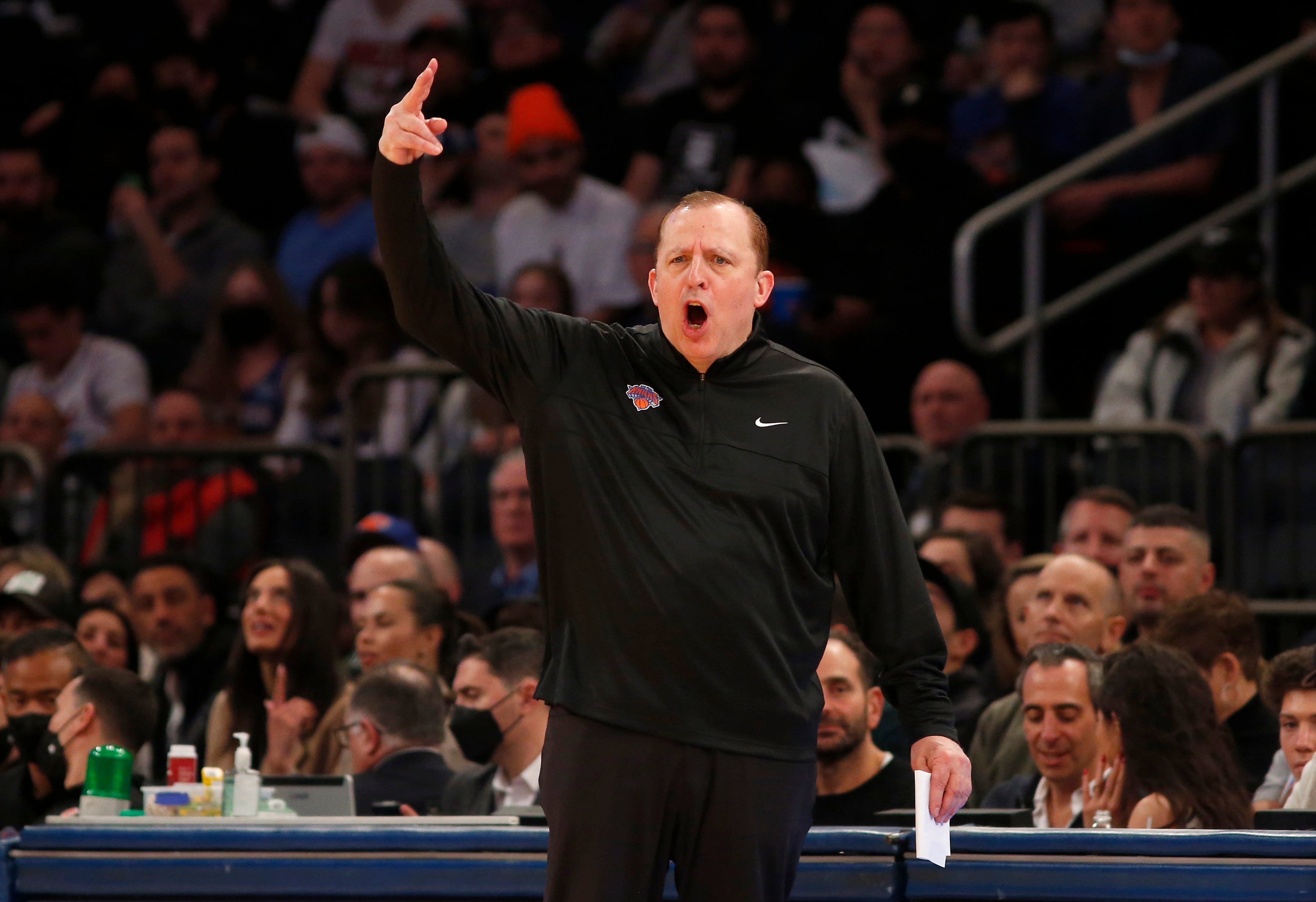 NEW YORK, NEW YORK - FEBRUARY 25:  New York Knicks head coach Tom Thibodeau reacts on the sidelines during the fourth quarter against the Miami Heat at Madison Square Garden on February 25, 2022 in New York City. NOTE TO USER: User expressly acknowledges and agrees that, by downloading and or using this photograph, User is consenting to the terms and conditions of the Getty Images License Agreement. (Photo by Jim McIsaac/Getty Images)