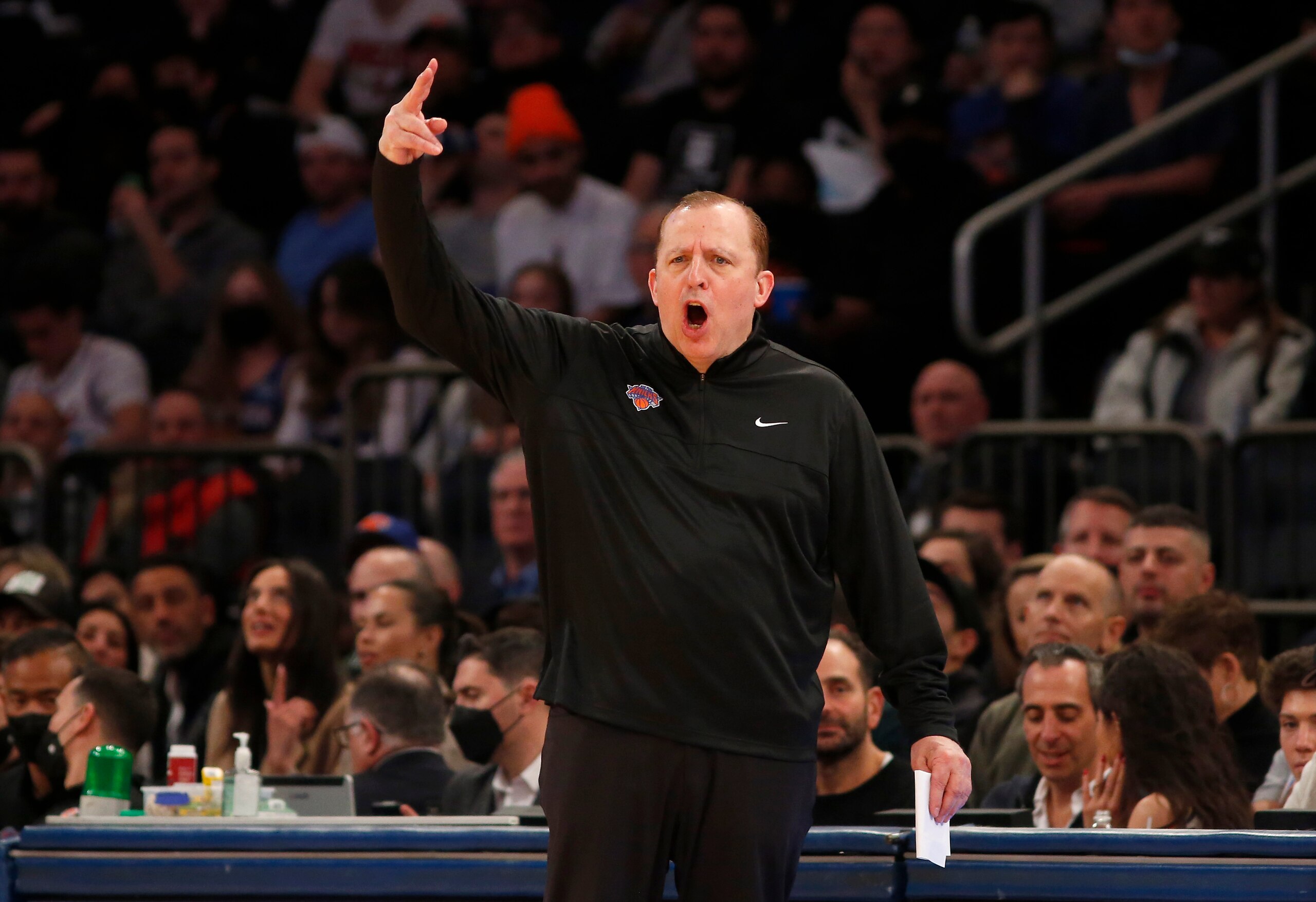 NEW YORK, NEW YORK - FEBRUARY 25:  New York Knicks head coach Tom Thibodeau reacts on the sidelines during the fourth quarter against the Miami Heat at Madison Square Garden on February 25, 2022 in New York City. NOTE TO USER: User expressly acknowledges and agrees that, by downloading and or using this photograph, User is consenting to the terms and conditions of the Getty Images License Agreement. (Photo by Jim McIsaac/Getty Images)