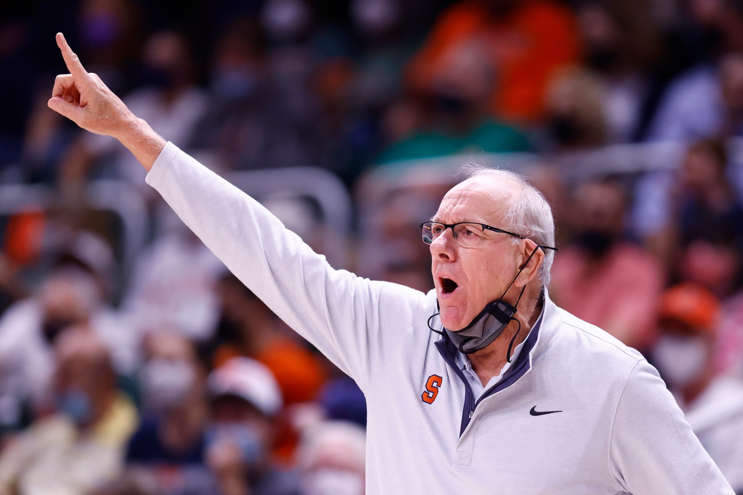 CORAL GABLES, FLORIDA - JANUARY 05: Head coach Jim Boeheim of the Syracuse Orange reacts during the first half against the Miami Hurricanes at Watsco Center on January 05, 2022 in Coral Gables, Florida. (Photo by Michael Reaves/Getty Images)