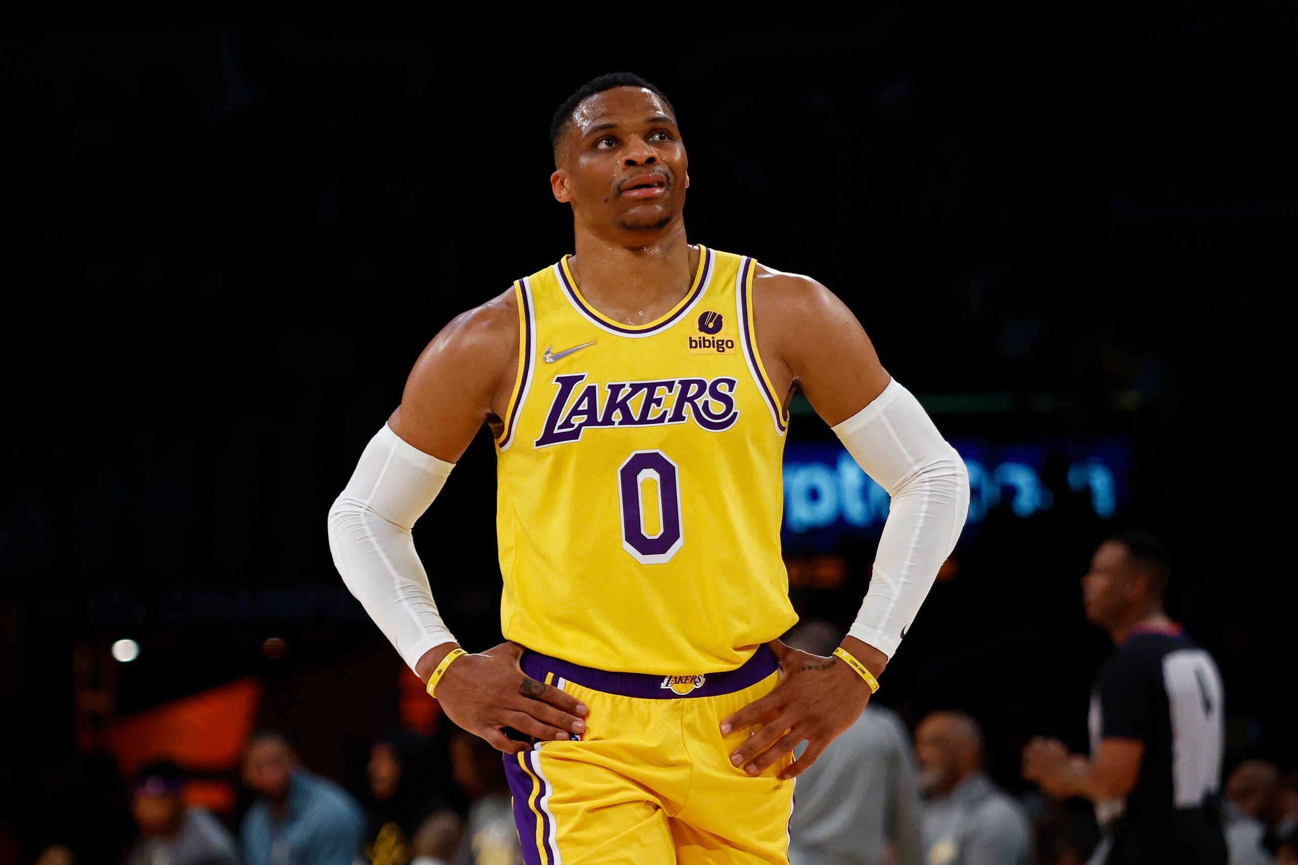 LOS ANGELES, CALIFORNIA - MARCH 01:   Russell Westbrook #0 of the Los Angeles Lakers at Crypto.com Arena on March 01, 2022 in Los Angeles, California.  NOTE TO USER: User expressly acknowledges and agrees that, by downloading and/or using this Photograph, user is consenting to the terms and conditions of the Getty Images License Agreement.  (Photo by Ronald Martinez/Getty Images)