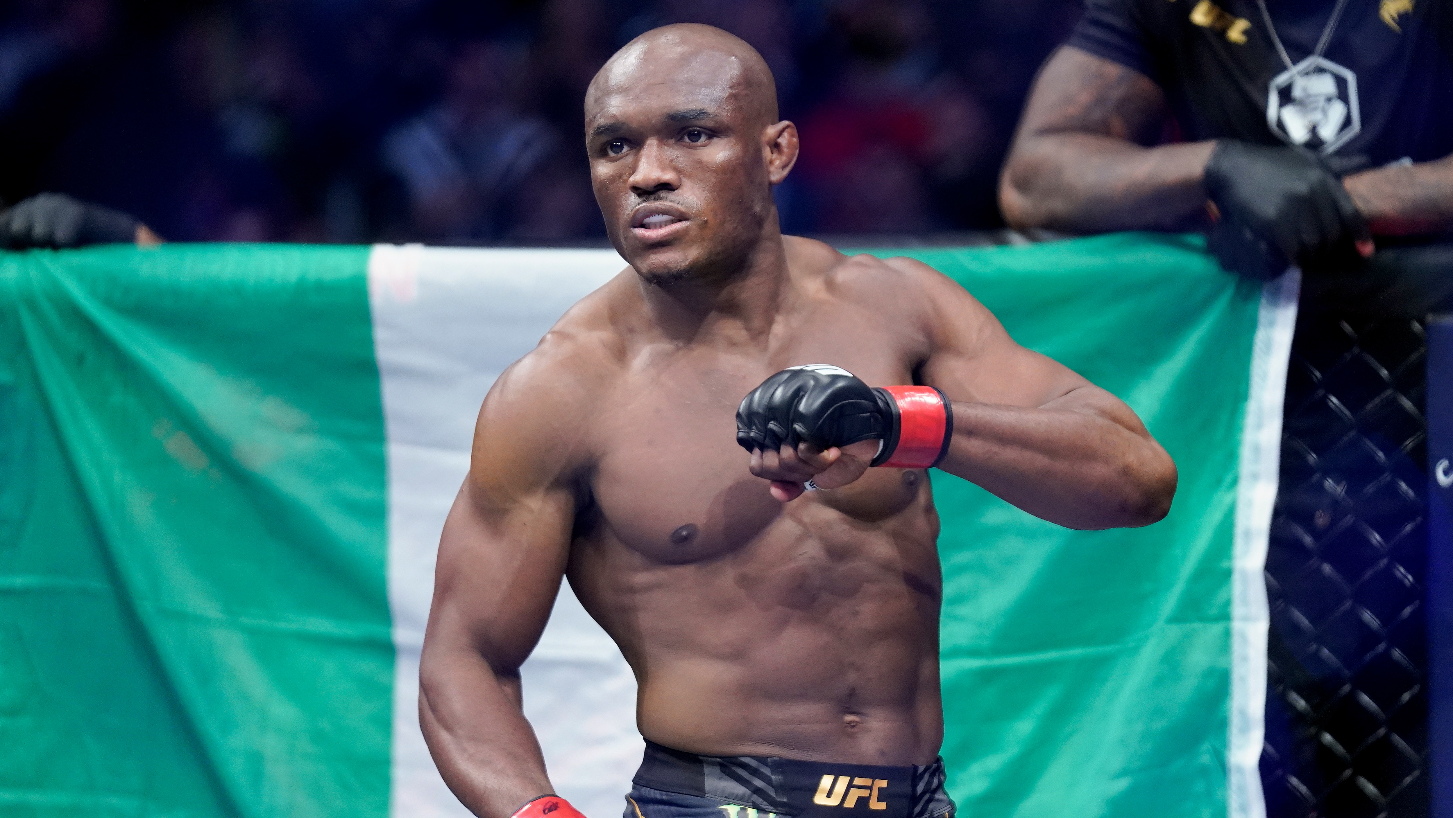 Kamaru Usman before fighting against Colby Covington in a welterweight mixed martial arts championship bout at UFC 268, Sunday, Nov. 7, 2021, in New York. (AP Photo/Corey Sipkin)