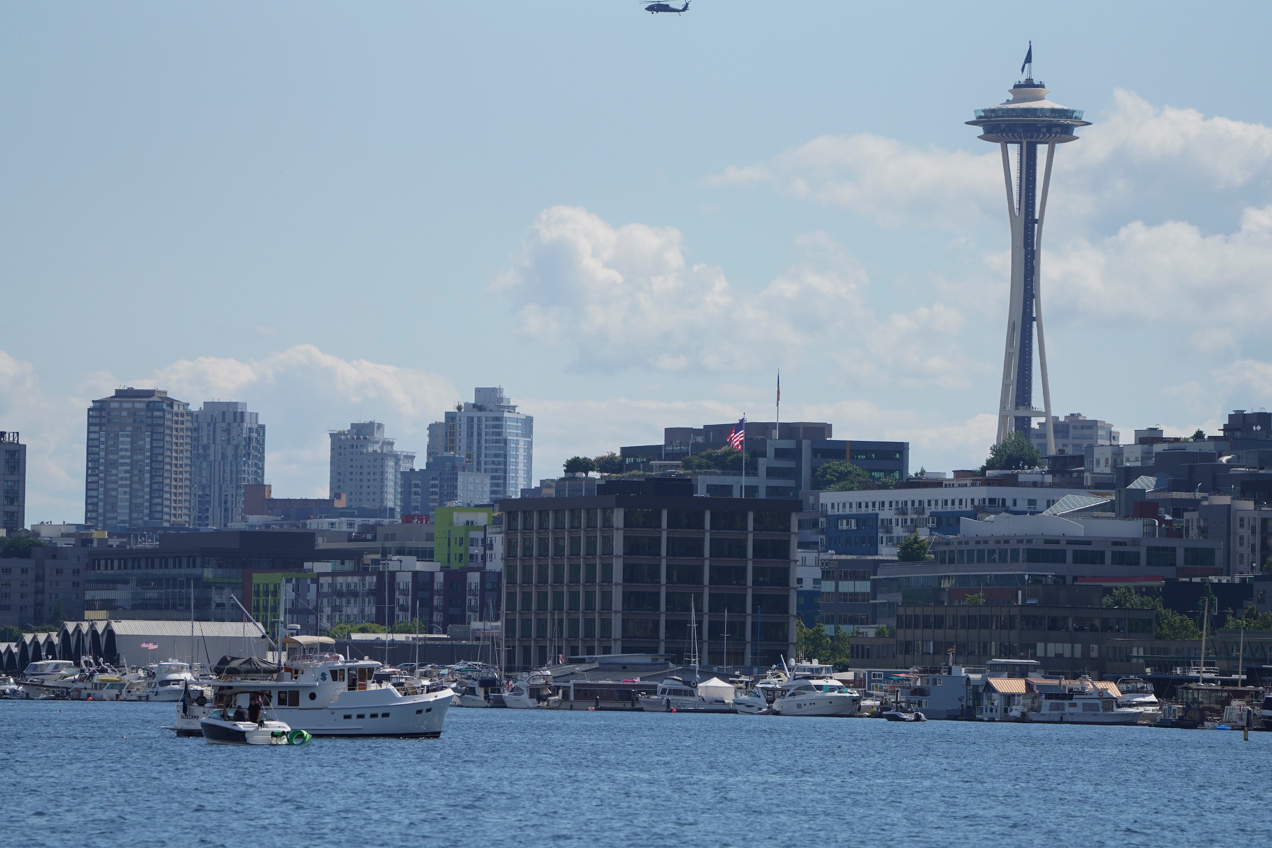 SEATTLE, WA - JULY 21: A view of the Seattle skyline is seen from Lake Union before the NHL -Seattle Kraken expansion draft July 21, 2021 at Gas Works Park in Seattle, WA (Photo by Jeff Halstead/Icon Sportswire via Getty Images)