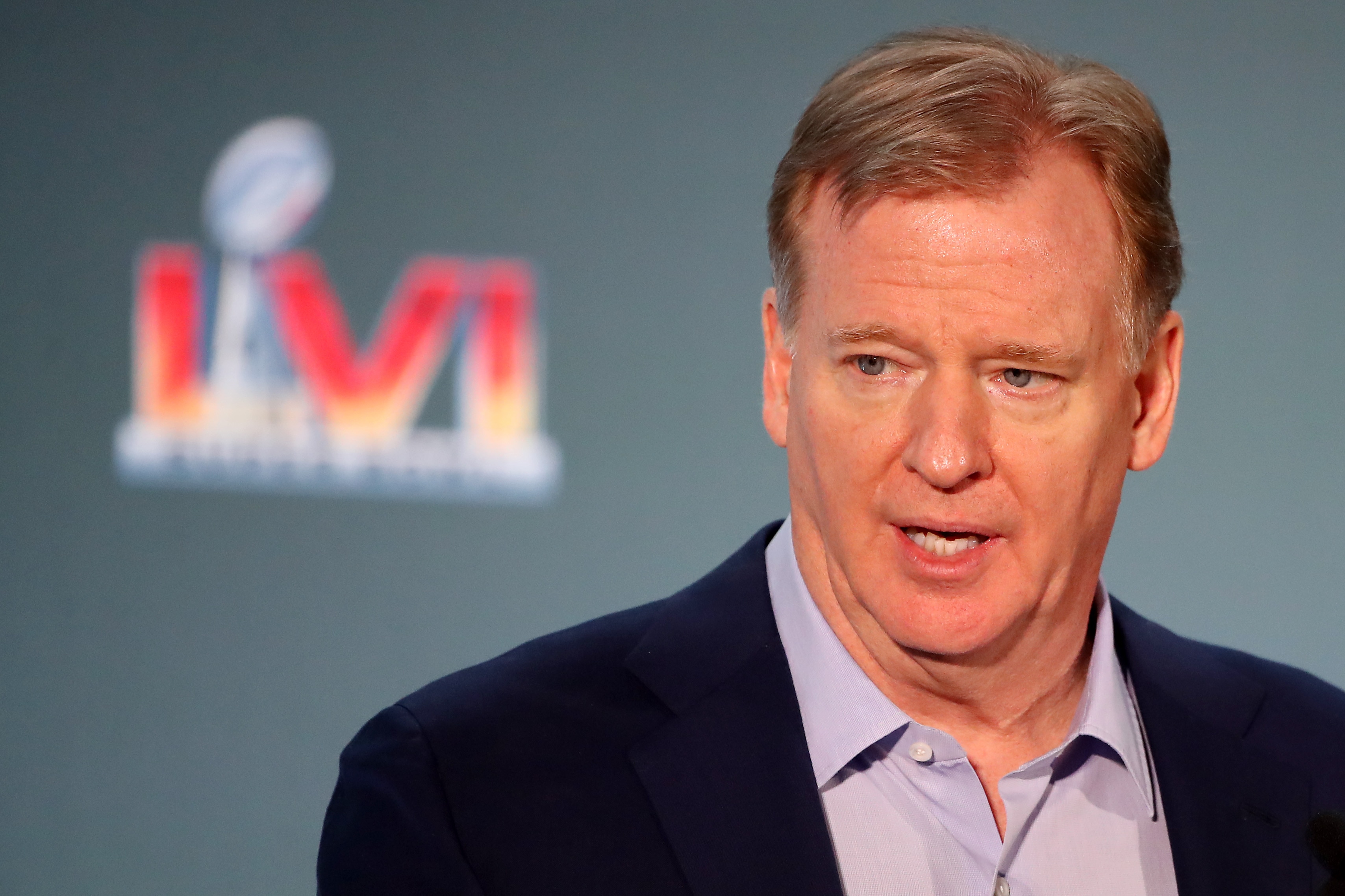 LOS ANGELES, CALIFORNIA - FEBRUARY 14: NFL Commissioner Roger Goodell speaks to media during the Super Bowl LVI head coach and MVP press conference at Los Angeles Convention Center on February 14, 2022 in Los Angeles, California. (Photo by Katelyn Mulcahy/Getty Images) LOS ANGELES, CALIFORNIA - FEBRUARY 14: NFL Commissioner Roger Goodell speaks to media during the Super Bowl LVI head coach and MVP press conference at Los Angeles Convention Center on February 14, 2022 in Los Angeles, California. (Photo by Katelyn Mulcahy/Getty Images)