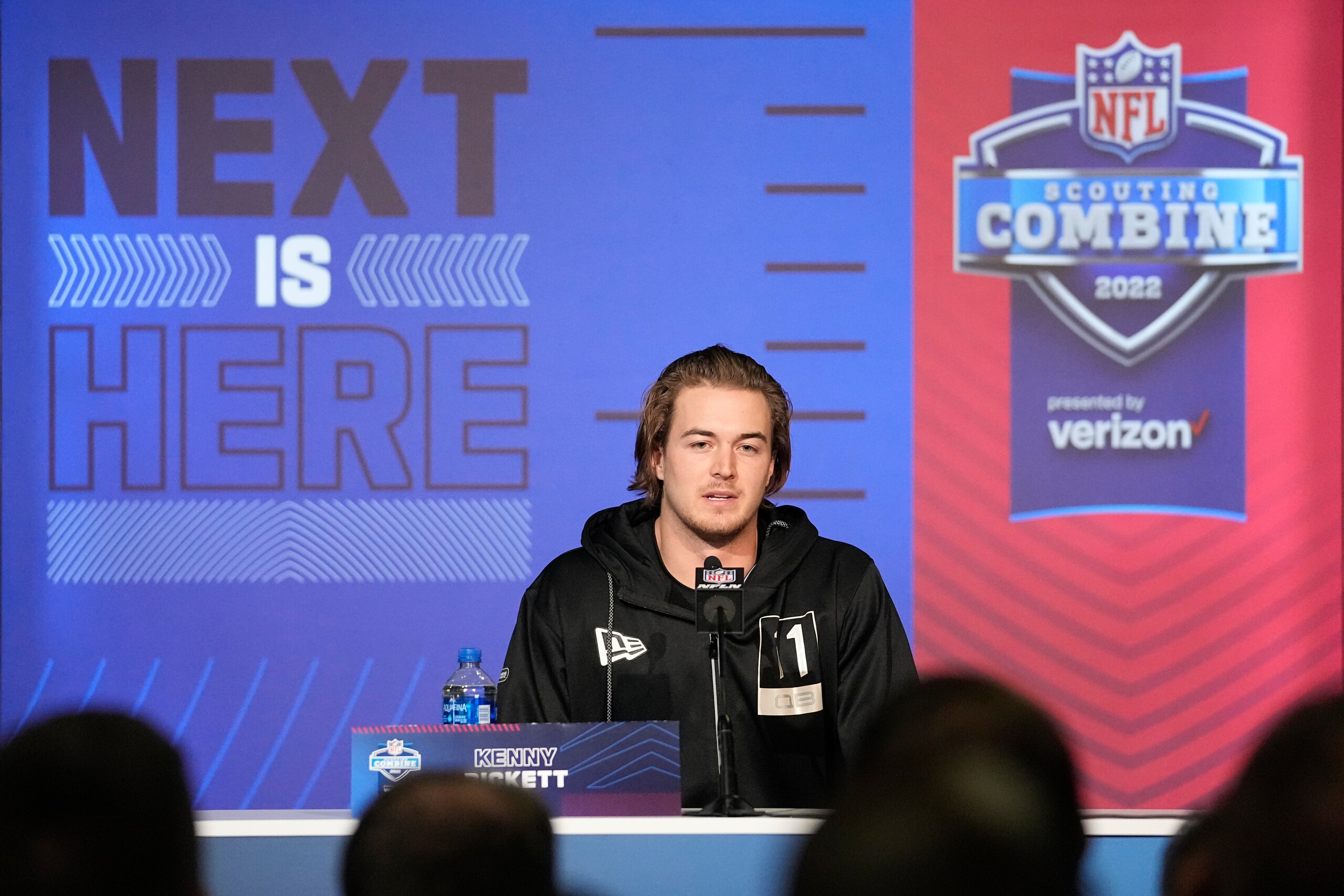 Pittsburgh quarterback Kenny Pickett speaks during a press conference at the NFL football scouting combine, Wednesday, March 2, 2022, in Indianapolis. (AP Photo/Darron Cummings)