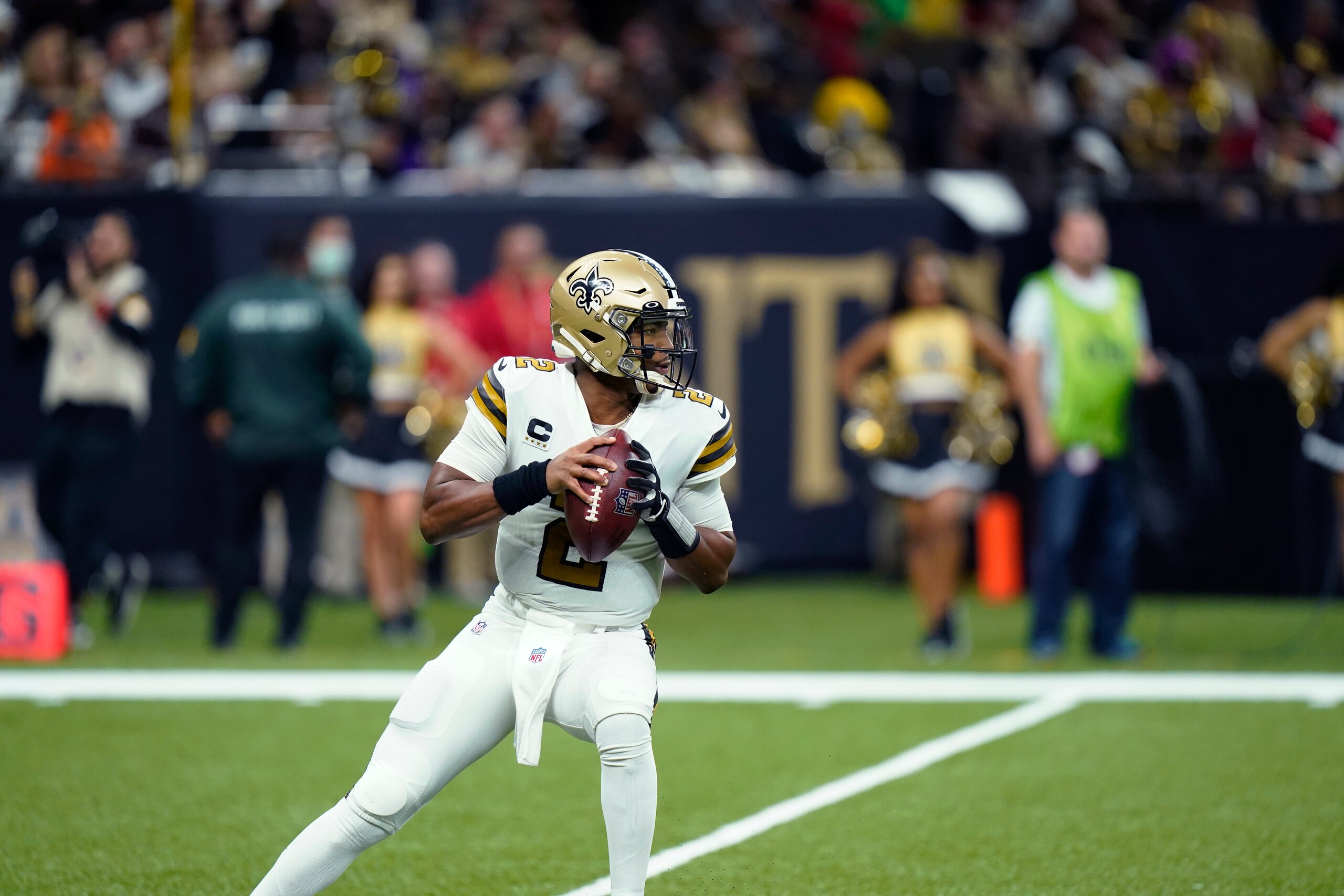 New Orleans Saints quarterback Jameis Winston (2) drops back to pass in the first half of an NFL football game against the Tampa Bay Buccaneers in New Orleans, Sunday, Oct. 31, 2021. (AP Photo/Gerald Herbert)