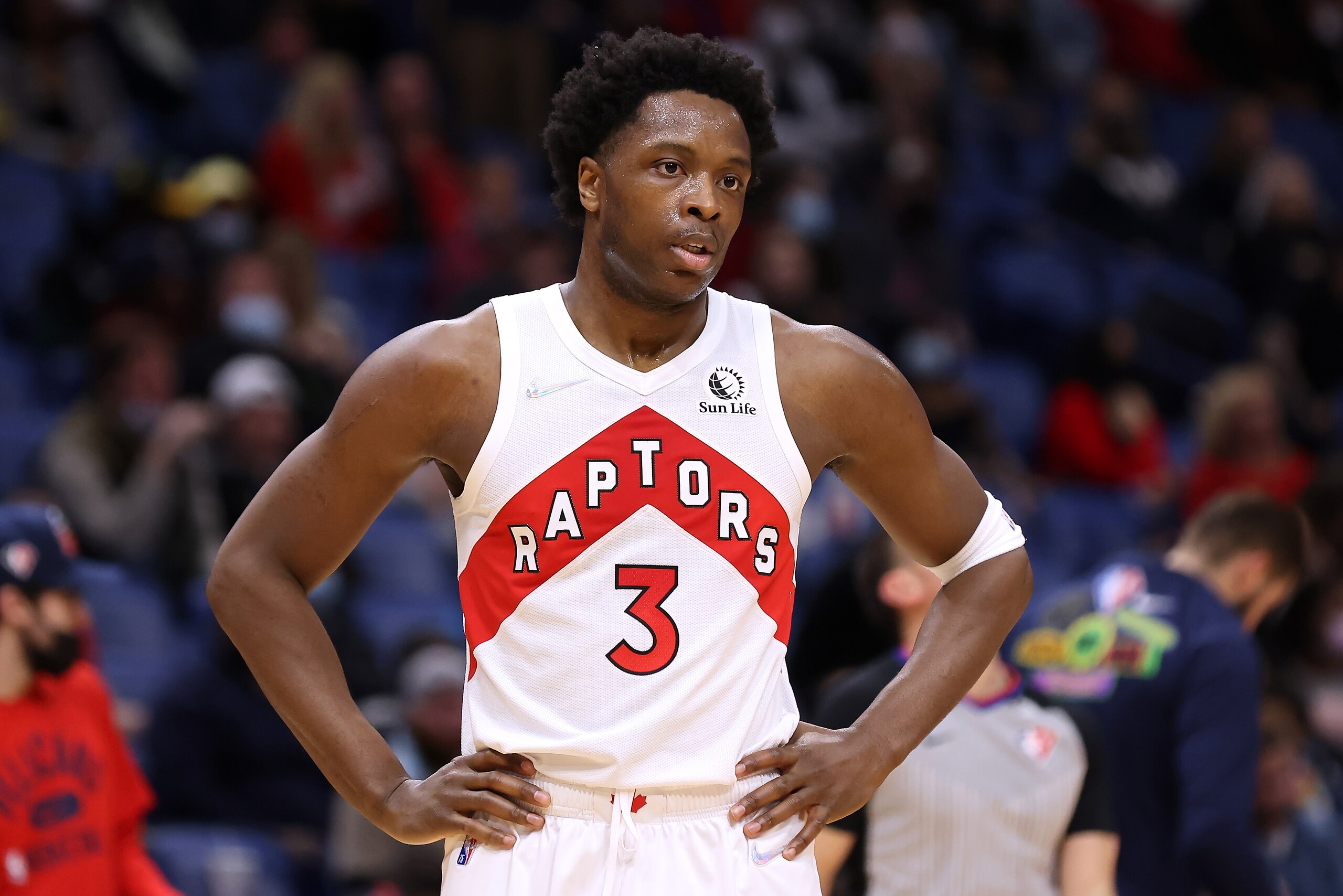 NEW ORLEANS, LOUISIANA - FEBRUARY 14: OG Anunoby #3 of the Toronto Raptors reacts against the New Orleans Pelicans during a game at the Smoothie King Center on February 14, 2022 in New Orleans, Louisiana. NOTE TO USER: User expressly acknowledges and agrees that, by downloading and or using this Photograph, user is consenting to the terms and conditions of the Getty Images License Agreement. (Photo by Jonathan Bachman/Getty Images) NEW ORLEANS, LOUISIANA - FEBRUARY 14: OG Anunoby #3 of the Toronto Raptors reacts against the New Orleans Pelicans during a game at the Smoothie King Center on February 14, 2022 in New Orleans, Louisiana. NOTE TO USER: User expressly acknowledges and agrees that, by downloading and or using this Photograph, user is consenting to the terms and conditions of the Getty Images License Agreement. (Photo by Jonathan Bachman/Getty Images)