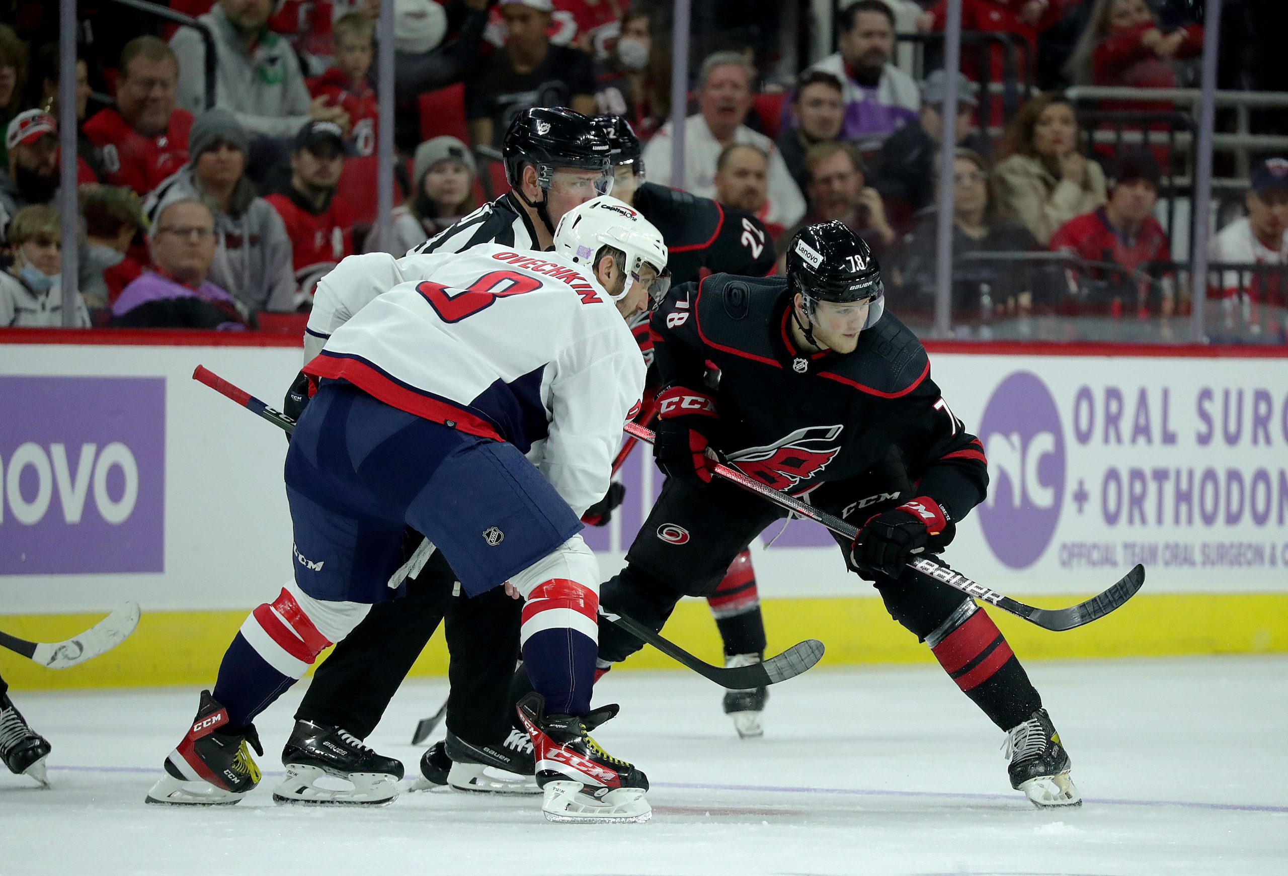 RALEIGH, NC - November 28: Steven Lorentz #78 of the Carolina Hurricanes wins a face off against Alex Ovechkin #8 of the Washington Capitals during an NHL game on November 28, 2021 at PNC Arena in Raleigh, North Carolina. (Photo by Gregg Forwerck /NHLI via Getty Images) "n "n "n "n RALEIGH, NC - November 28: Steven Lorentz #78 of the Carolina Hurricanes wins a face off against Alex Ovechkin #8 of the Washington Capitals during an NHL game on November 28, 2021 at PNC Arena in Raleigh, North Carolina. (Photo by Gregg Forwerck /NHLI via Getty Images) "n "n "n "n