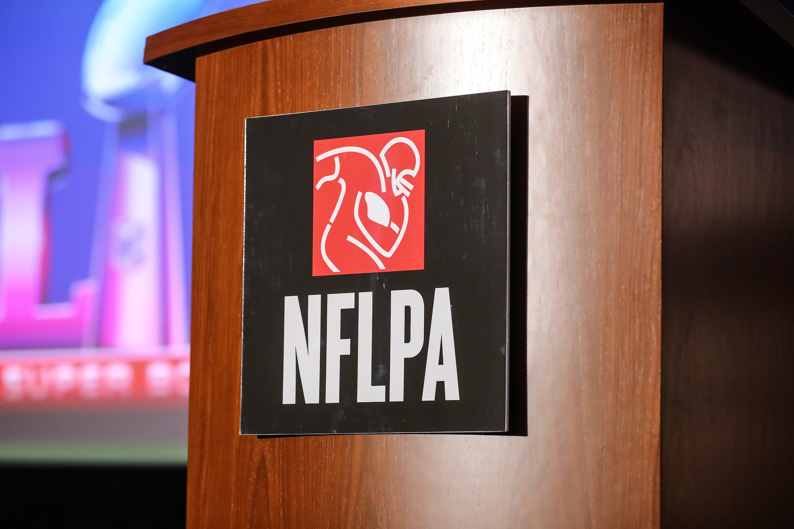 HOUSTON, TX - FEBRUARY 02:  NFLPA Logo during the National Football League Players Association speaks during the NFLPA Press Conference on February 02, 2017, at the George R Brown Convention Center in Houston, Texas.   (Photo by Rich Graessle/Icon Sportswire via Getty Images)