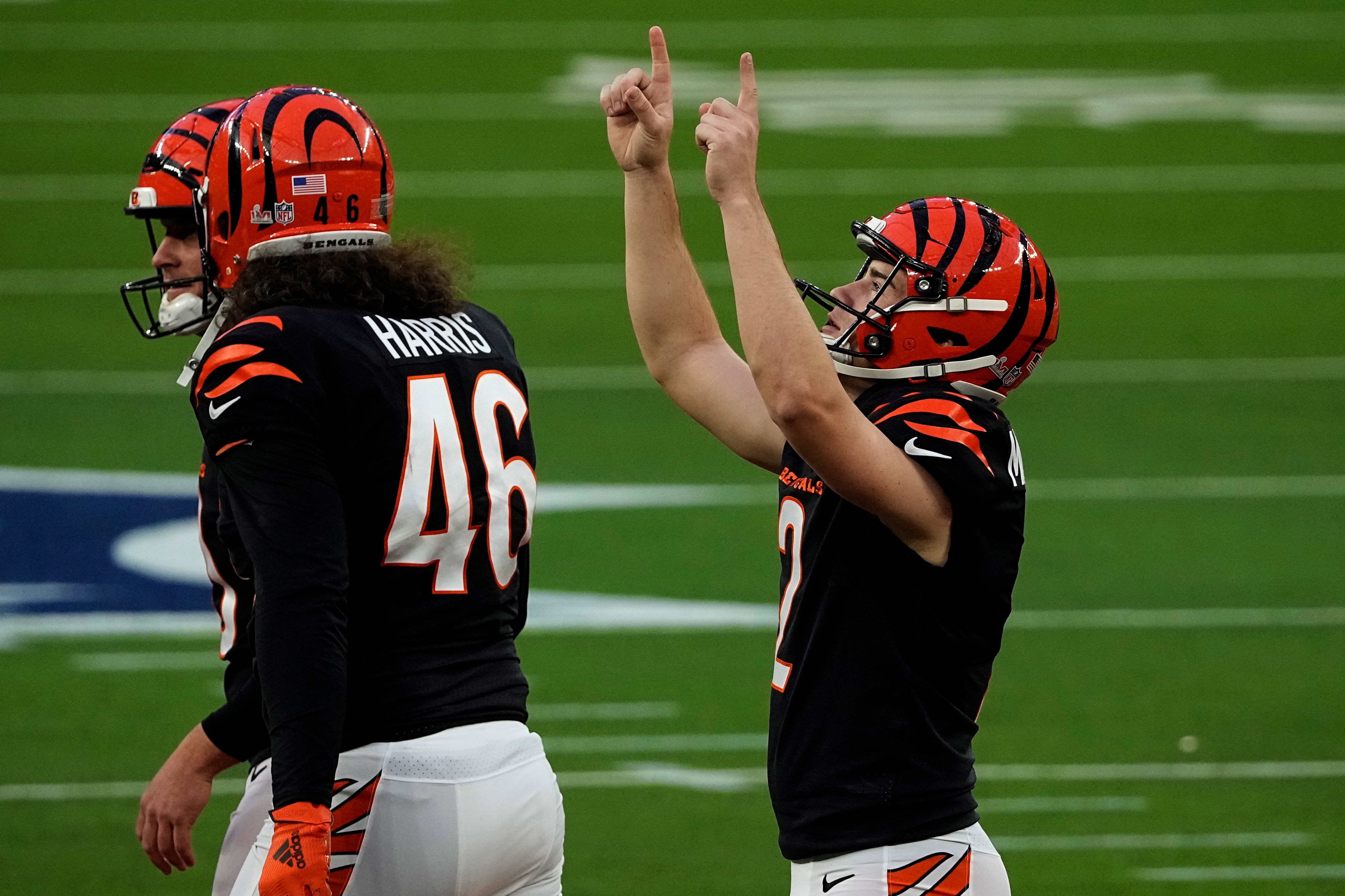 Cincinnati Bengals kicker Evan McPherson (2) celebrates his point-after against the Los Angeles Rams during the first half of the NFL Super Bowl 56 football game Sunday, Feb. 13, 2022, in Inglewood, Calif. (AP Photo/Tony Gutierrez)