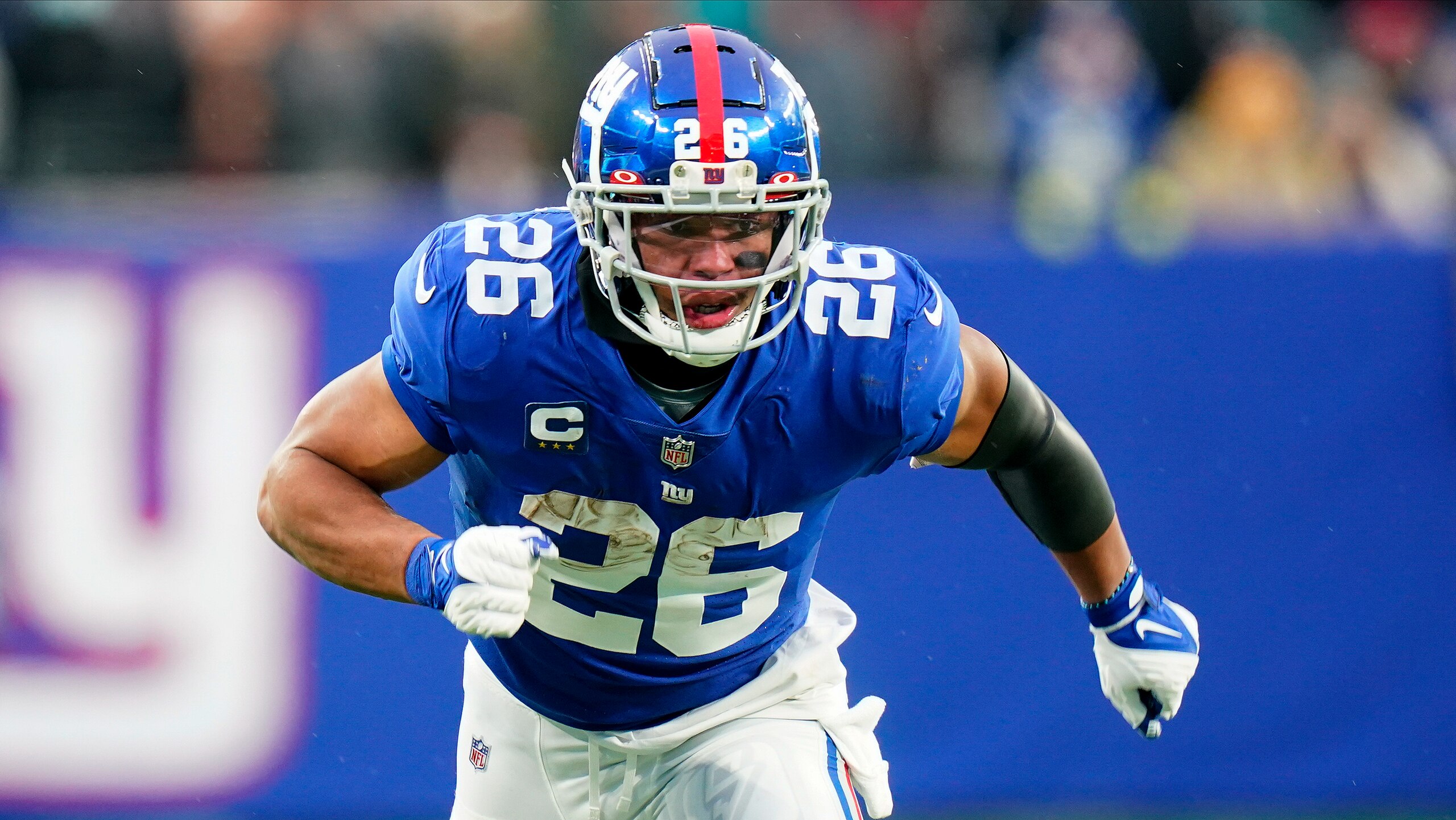 New York Giants running back Saquon Barkley (26) during the fourth quarter of an NFL football game against the Washington Football Team, Sunday, Jan. 9, 2022, in East Rutherford, N.J. (AP Photo/Frank Franklin II)