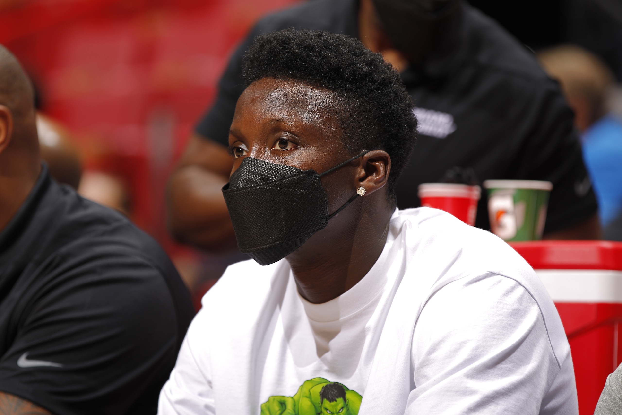 MIAMI, FL - JANUARY 17: Victor Oladipo #4 of the Miami Heat looks on during the game against the Toronto Raptors on January 17, 2022 at FTX Arena in Miami, Florida. NOTE TO USER: User expressly acknowledges and agrees that, by downloading and or using this Photograph, user is consenting to the terms and conditions of the Getty Images License Agreement. Mandatory Copyright Notice: Copyright 2022 NBAE (Photo by Issac Baldizon/NBAE via Getty Images)
