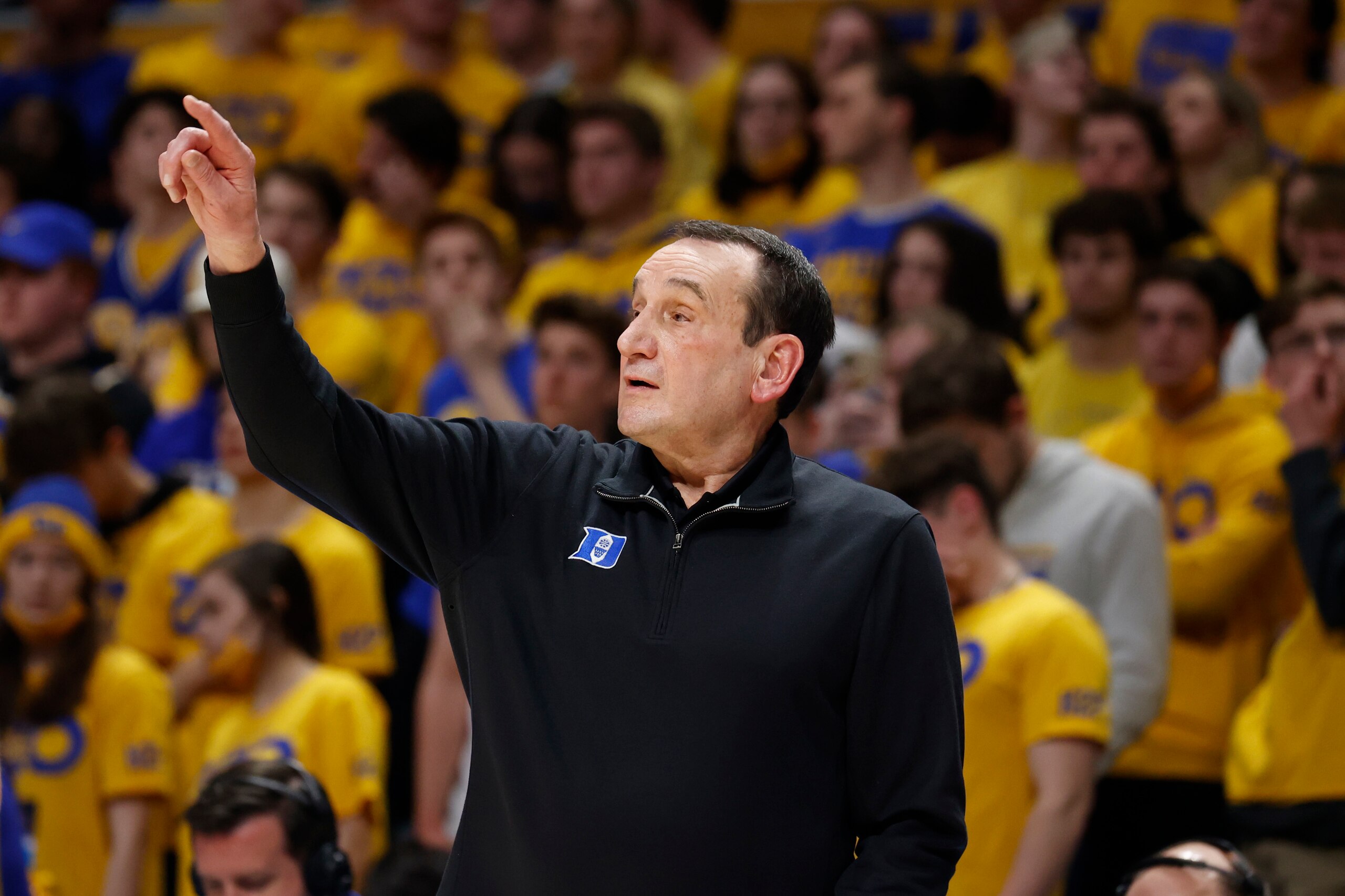 Pittsburgh, PA - MARCH 1: Duke Blue Devils coach Mike Krzyzewski coaches on the sidelines in a game against the Pittsburgh Panthers on March 1, 2022, at the Petersen Events Center in Pittsburgh, Pennsylvania. (Photo by Brian Spurlock/Icon Sportswire via Getty Images)