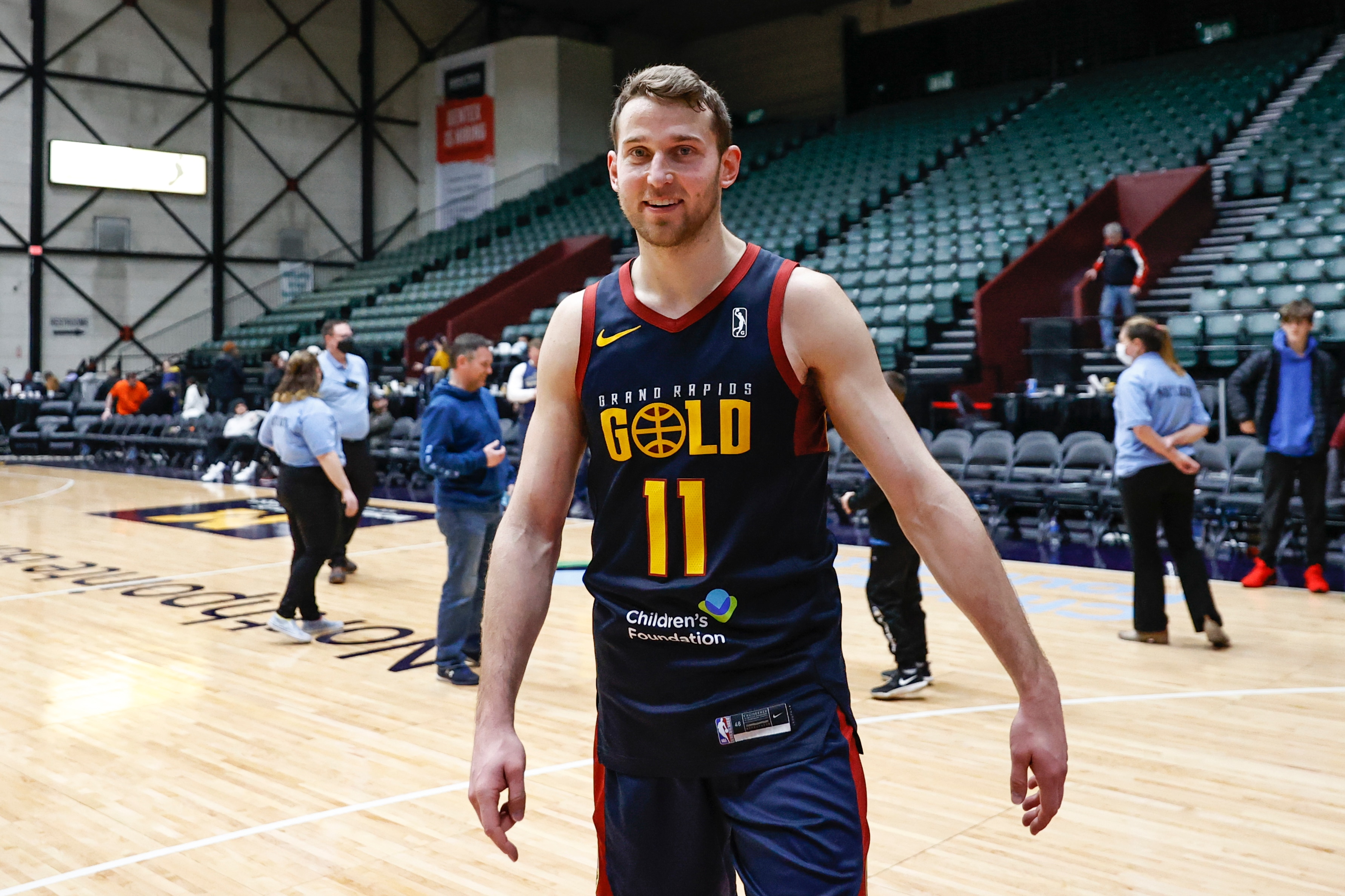 GRAND RAPIDS, MI - MARCH 01: Nik Stauskas #11 of the Grand Rapids Gold smiles after scoring 57 points against the Wisconsin Herd in a NBA G-League game on March 01, 2022 at the DeltaPlex Arena in Grand Rapids, Michigan. NOTE TO USER: User expressly acknowledges and agrees that, by downloading and or using this photograph, User is consenting to the terms and conditions of the Getty Images License Agreement. Mandatory Copyright Notice: Copyright 2022 NBAE (Photo by Kamil Krzaczynski/NBAE via Getty Images)
