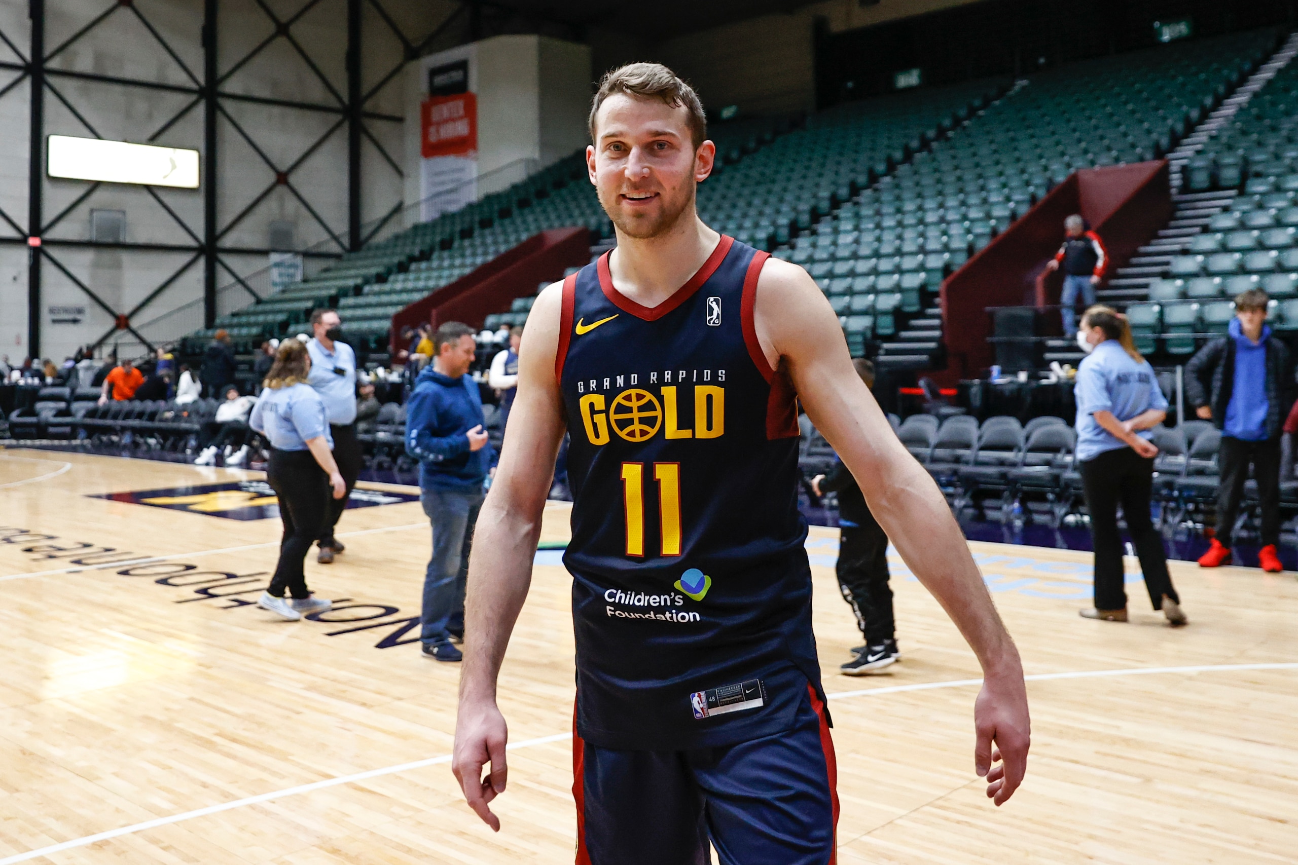 GRAND RAPIDS, MI - MARCH 01: Nik Stauskas #11 of the Grand Rapids Gold smiles after scoring 57 points against the Wisconsin Herd in a NBA G-League game on March 01, 2022 at the DeltaPlex Arena in Grand Rapids, Michigan. NOTE TO USER: User expressly acknowledges and agrees that, by downloading and or using this photograph, User is consenting to the terms and conditions of the Getty Images License Agreement. Mandatory Copyright Notice: Copyright 2022 NBAE (Photo by Kamil Krzaczynski/NBAE via Getty Images)