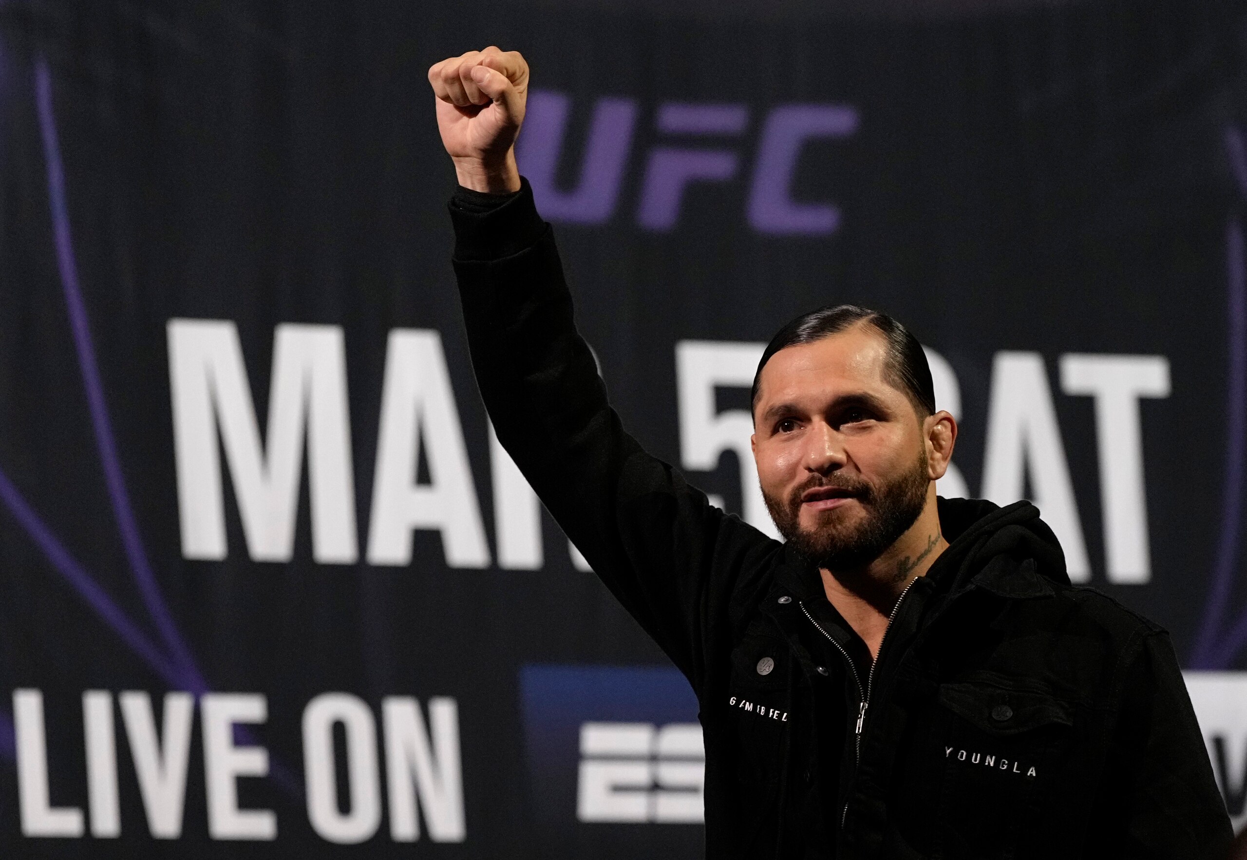 LAS VEGAS, NEVADA - MARCH 03: Jorge Masvidal walks on stage during the UFC 272 press conference on March 03, 2022 in Las Vegas, Nevada. (Photo by Jeff Bottari/Zuffa LLC)