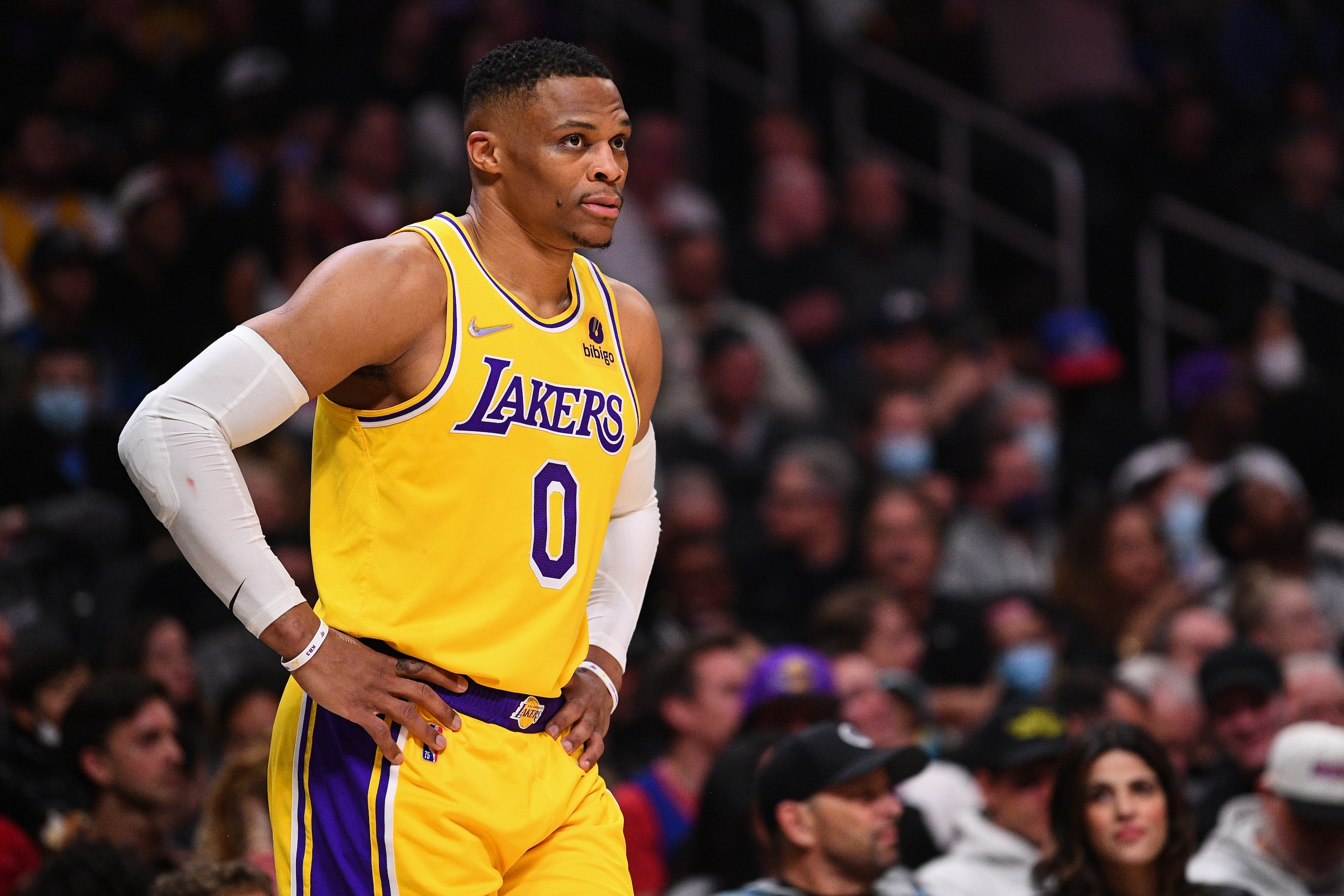 LOS ANGELES, CA - MARCH 03: Los Angeles Lakers Guard Russell Westbrook (0) looks on during a NBA game between the Los Angeles Lakers and the Los Angeles Clippers on March 3, 2022 at Crypto.com Arena in Los Angeles, CA. (Photo by Brian Rothmuller/Icon Sportswire via Getty Images) LOS ANGELES, CA - MARCH 03: Los Angeles Lakers Guard Russell Westbrook (0) looks on during a NBA game between the Los Angeles Lakers and the Los Angeles Clippers on March 3, 2022 at Crypto.com Arena in Los Angeles, CA. (Photo by Brian Rothmuller/Icon Sportswire via Getty Images)