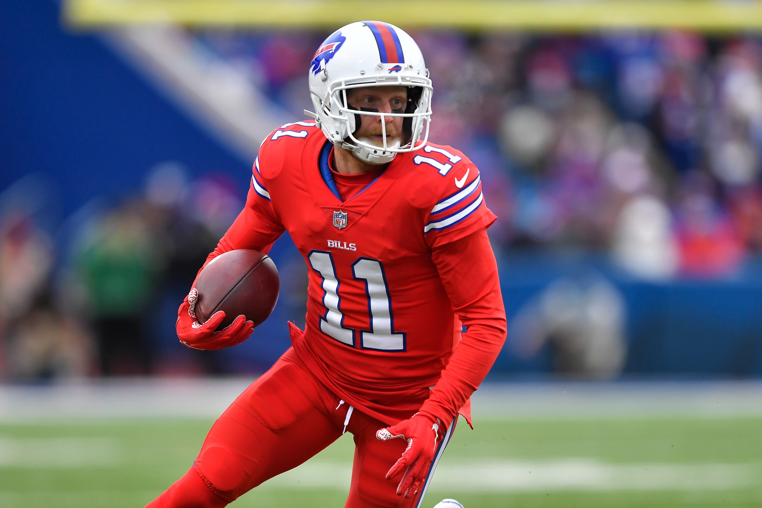 Buffalo Bills wide receiver Cole Beasley (11) runs the ball in the first half of an NFL football game against the Carolina Panthers, Sunday, Dec. 19, 2021, in Orchard Park, N.Y. (AP Photo/Adrian Kraus)