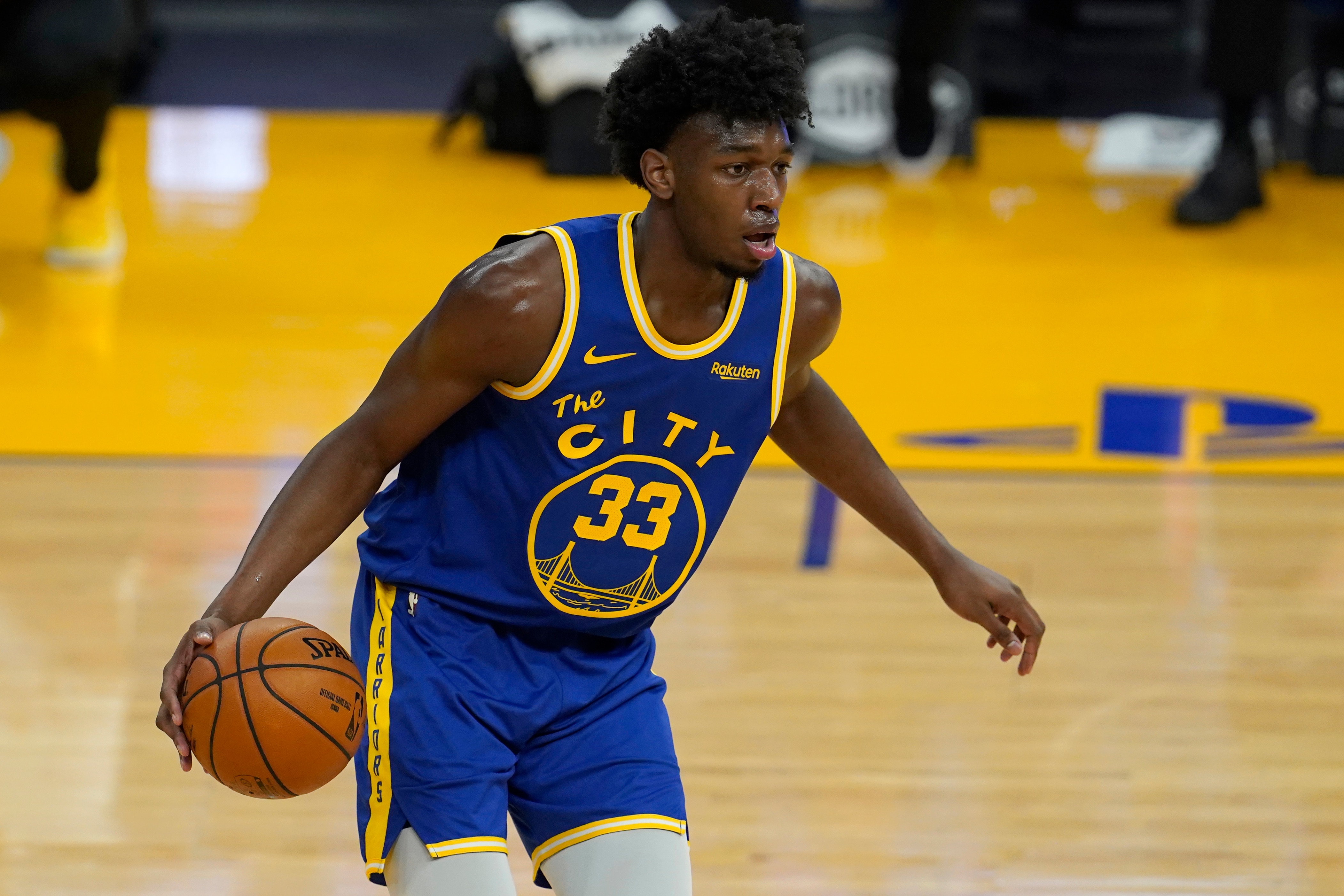 Golden State Warriors center James Wiseman (33) against the Utah Jazz during an NBA basketball game in San Francisco, Sunday, March 14, 2021. (AP Photo/Jeff Chiu) Golden State Warriors center James Wiseman (33) against the Utah Jazz during an NBA basketball game in San Francisco, Sunday, March 14, 2021. (AP Photo/Jeff Chiu)