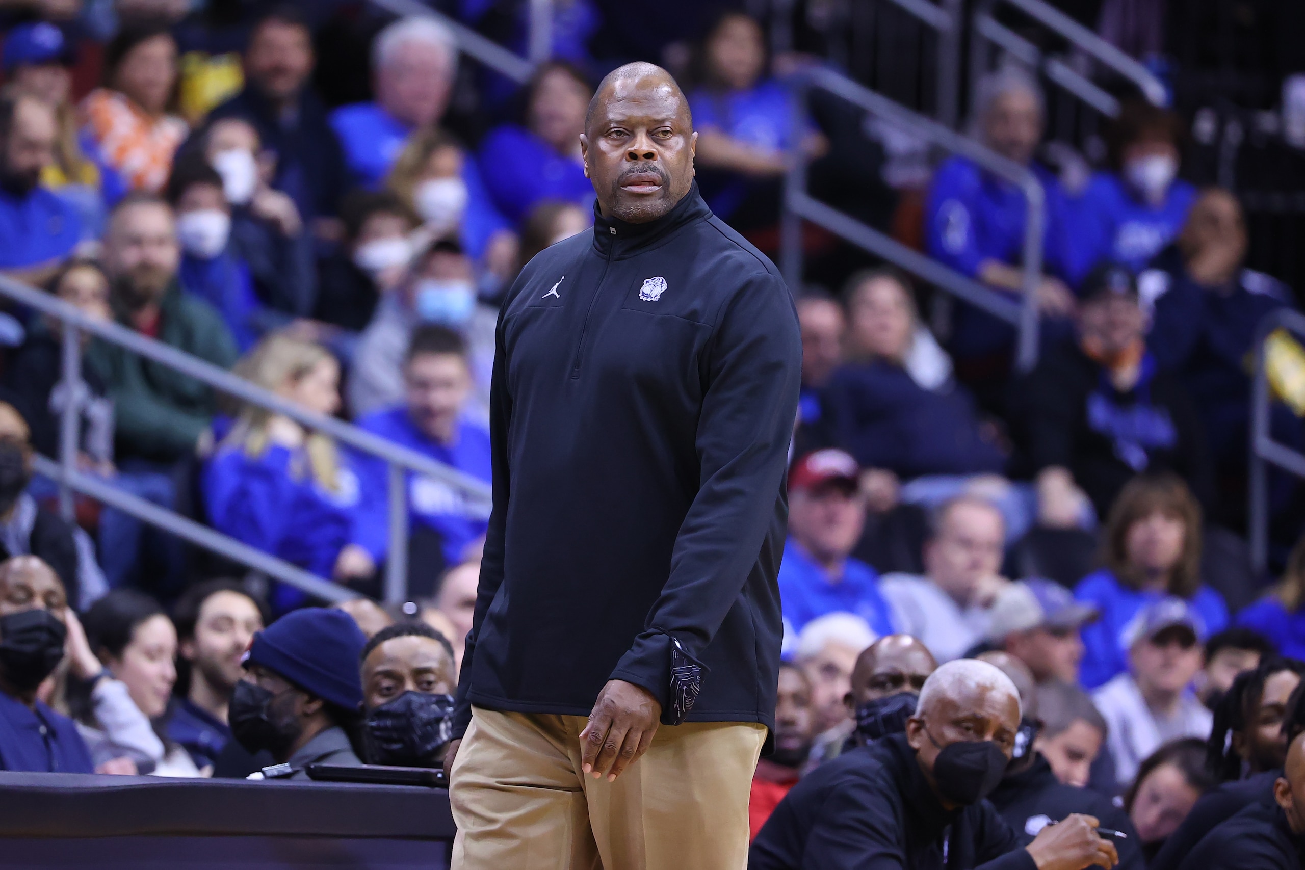 NEWARK, NJ - MARCH 02:  Georgetown Hoyas head coach Patrick Ewing during the first half of the college basketball game between the Seton Hall Pirates and the Georgetown Hoyas on March 2, 2022 at the Prudential Center in Newark, New Jersey.  (Photo by Rich Graessle/Icon Sportswire via Getty Images)