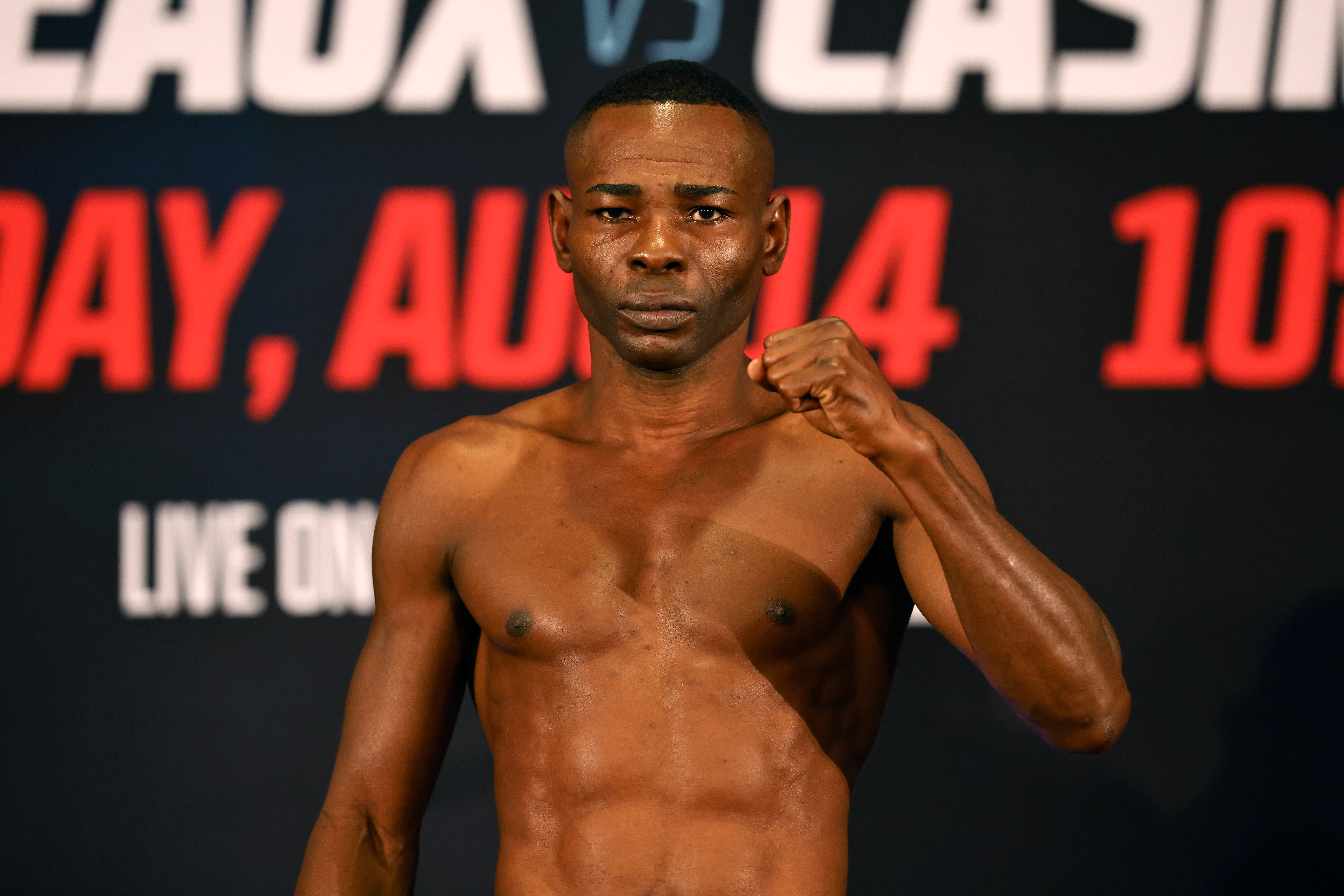 LOS ANGELES, CALIFORNIA - AUGUST 13: Guillermo Rigondeaux reacts as he weighs in ahead of their WBO bantamweight title fight between John Riel Casimero and Guillermo Rigondeaux at the Hyatt Regency at LAX on August 13, 2021 in Los Angeles, California. (Photo by Michael Owens/Getty Images)