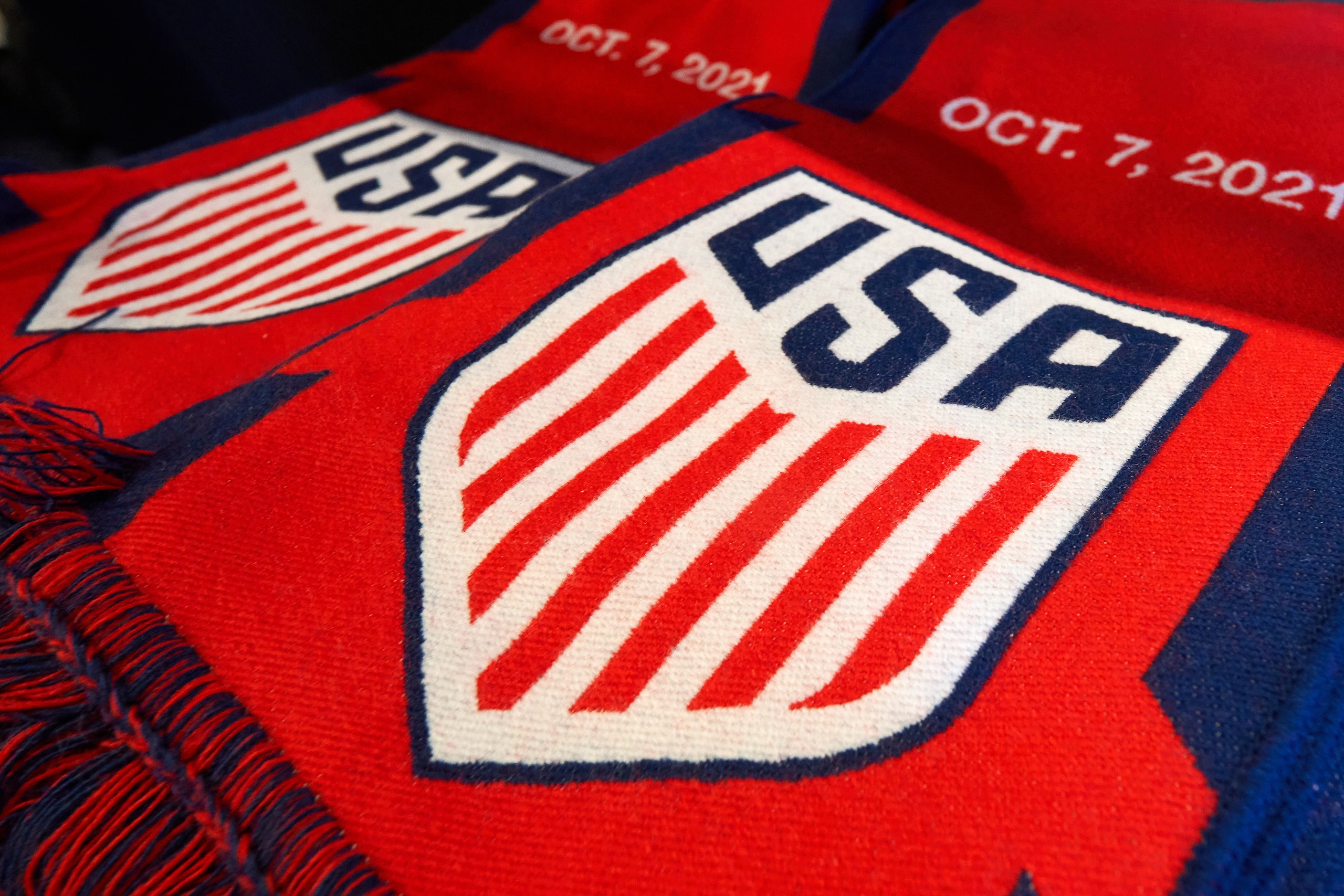 AUSTIN, TX - OCTOBER 07: A detail view of a US Soccer Federation logo is seen on a scarf during a CONCACAF World Cup qualifying match between the United States and Jamaica on October 07, 2021 at Q2 Stadium in Austin, TX. (Photo by Robin Alam/Icon Sportswire via Getty Images)
