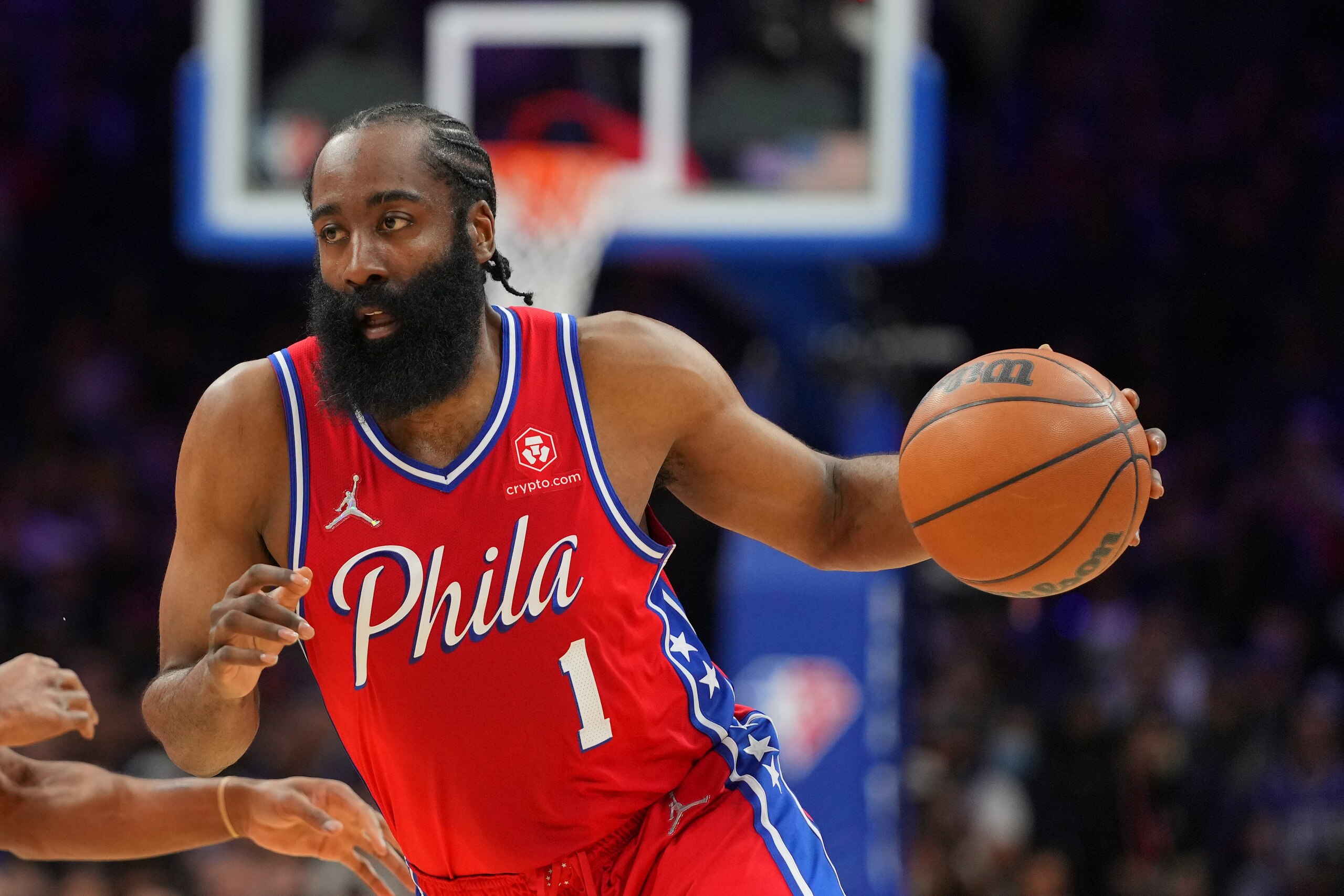 PHILADELPHIA, PA - MARCH 02: James Harden #1 of the Philadelphia 76ers dribbles the ball against the New York Knicks at the Wells Fargo Center on March 2, 2022 in Philadelphia, Pennsylvania. The 76ers defeated the Knicks 123-108. NOTE TO USER: User expressly acknowledges and agrees that, by downloading and or using this photograph, User is consenting to the terms and conditions of the Getty Images License Agreement. (Photo by Mitchell Leff/Getty Images)
