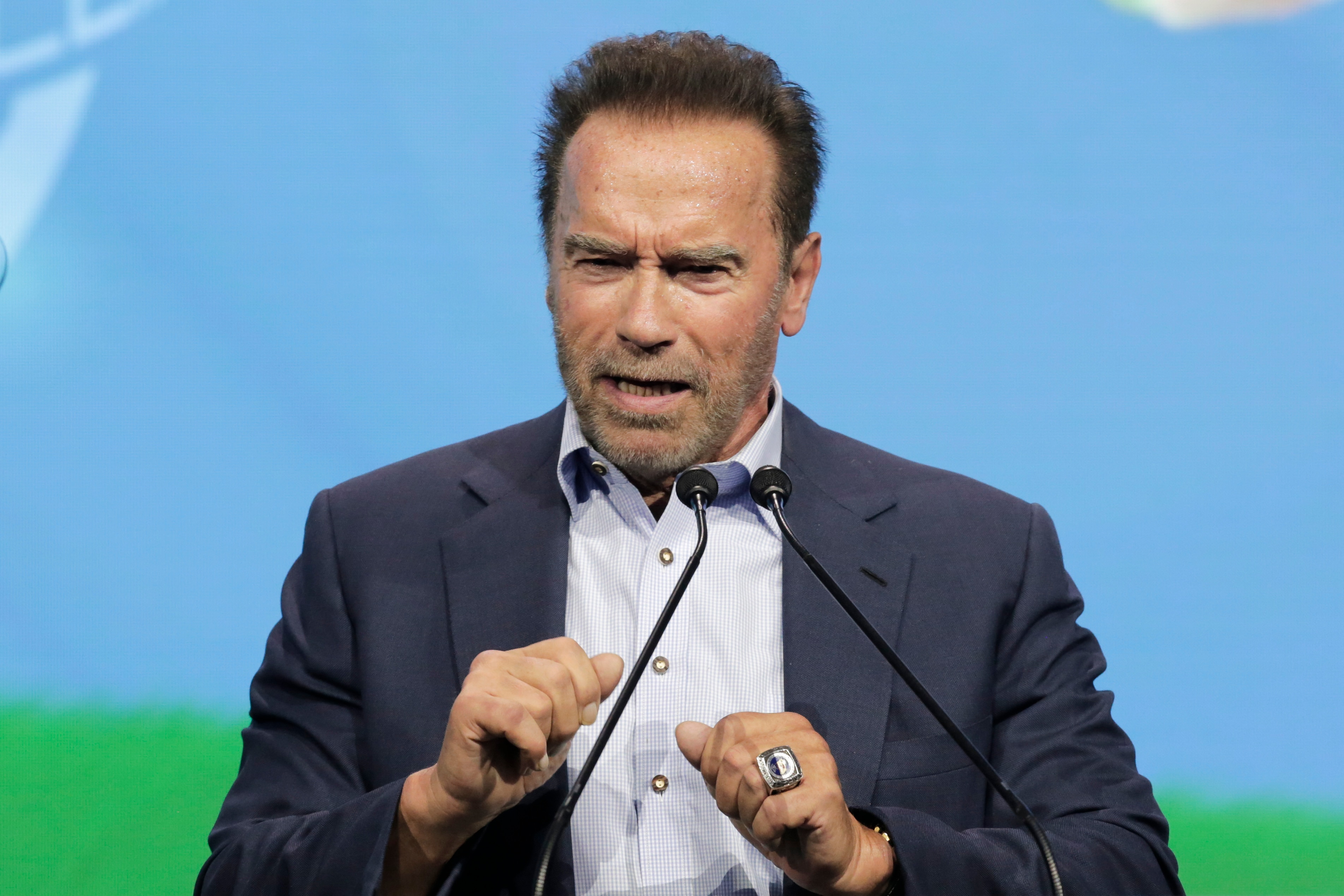 Arnold Schwarzenegger, Founder of the „Austrian World Summit" talks on stage about his dreams and actions to fight the climate crisis in Vienna, Austria, Thursday, July 1, 2021. (AP Photo/Lisa Leutner)