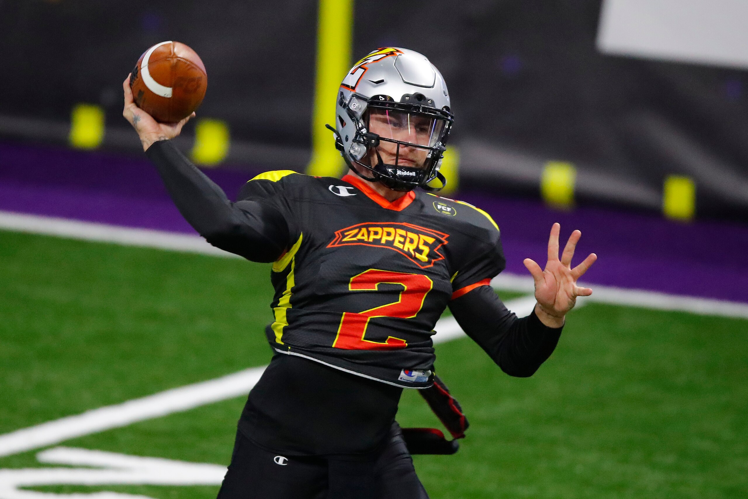 DULUTH, GEORGIA - MARCH 13: Johnny Manziel #2 of the Zappers warms up against the Wild Aces during a Fan Controlled Football game at Infinite Energy Arena on March 13, 2021 in Duluth, Georgia. (Photo by Todd Kirkland/Fan Controlled Football/Getty Images)