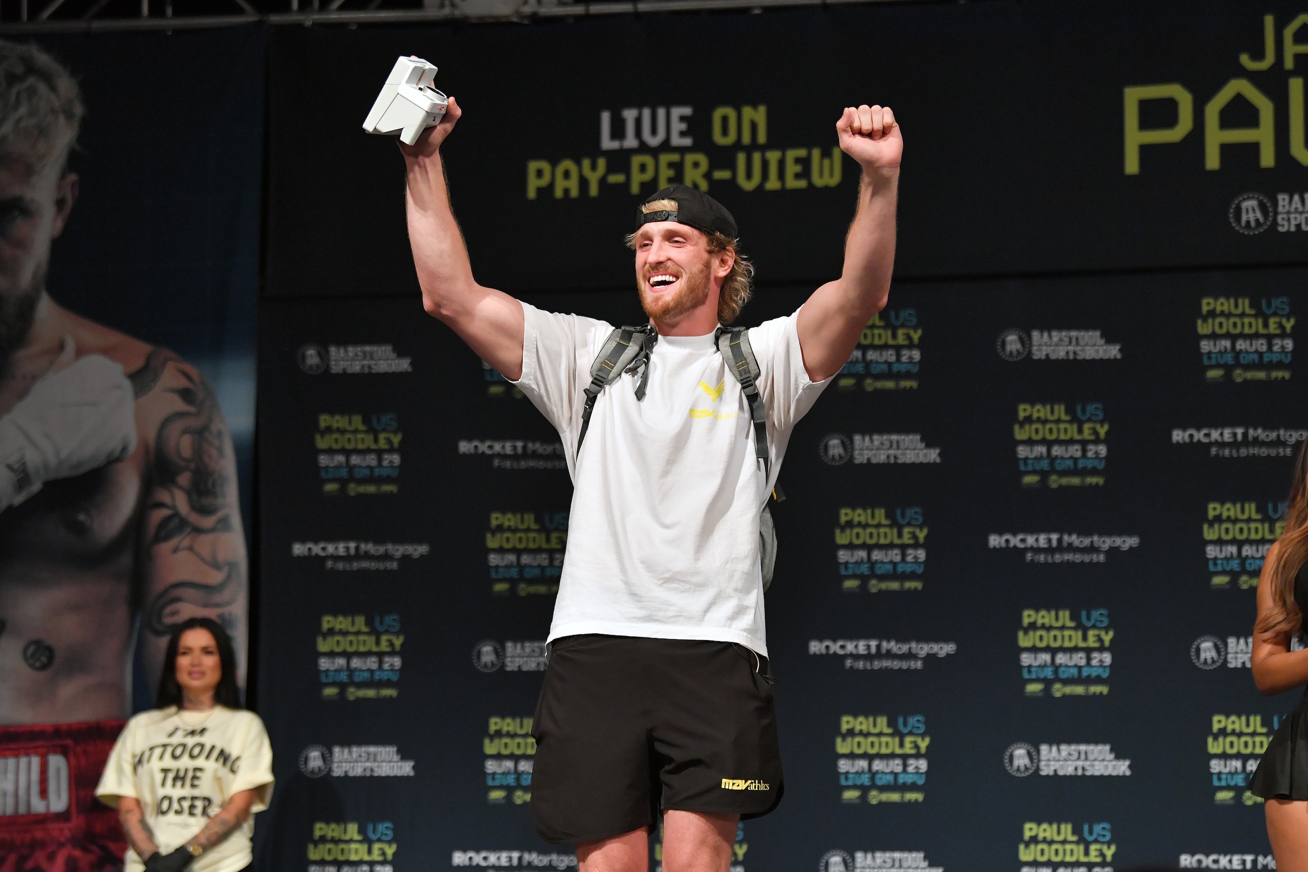 CLEVELAND, OHIO - AUGUST 28: Logan Paul, brother of Jake Paul, looks on during the weigh in event at the State Theater for the August 29 fight between Jake Paul and Tyron Woodley on August 28, 2021 in Cleveland, Ohio. (Photo by Jason Miller/Getty Images)