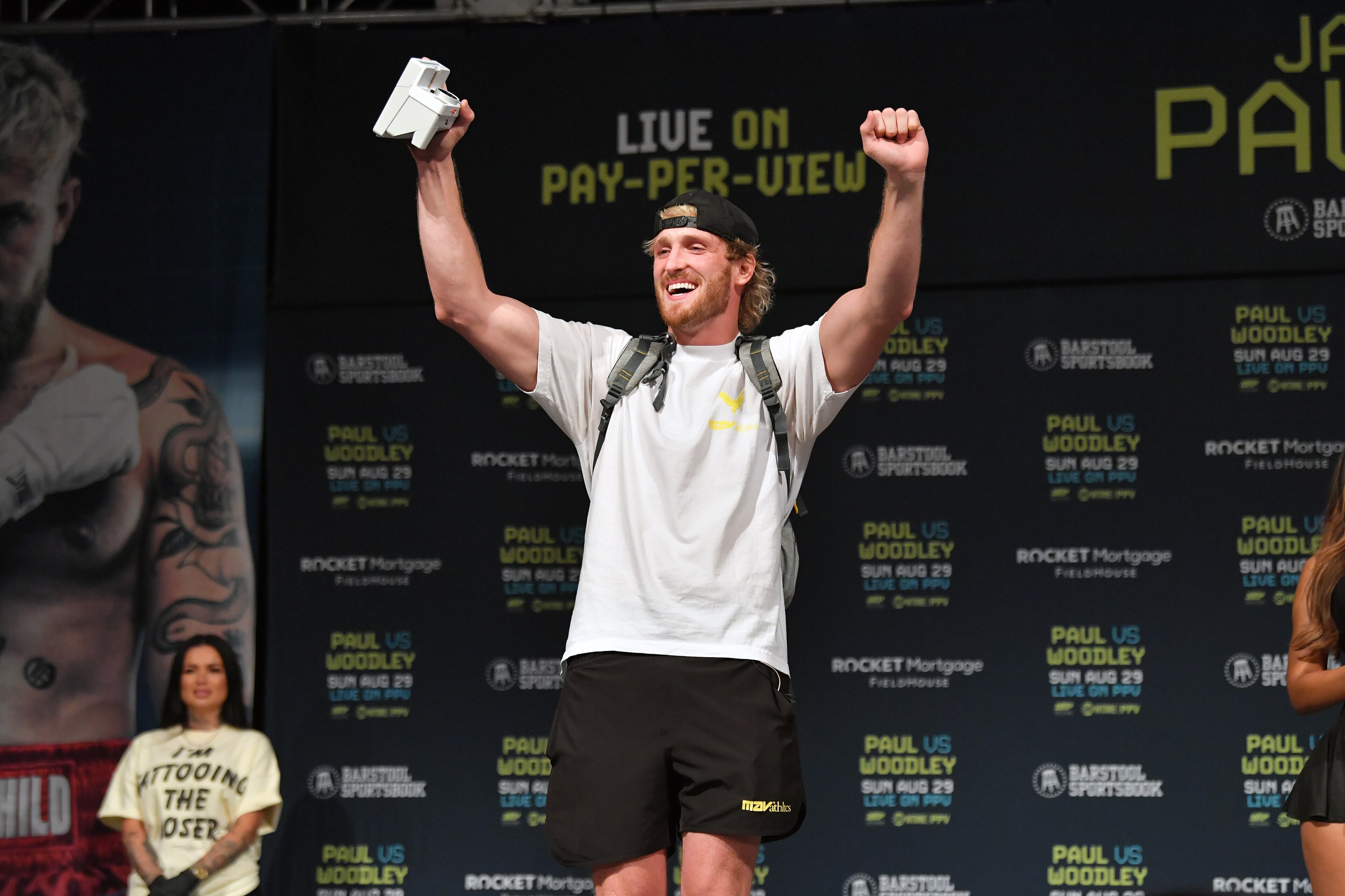 CLEVELAND, OHIO - AUGUST 28: Logan Paul, brother of Jake Paul, looks on during the weigh in event at the State Theater for the August 29 fight between Jake Paul and Tyron Woodley on August 28, 2021 in Cleveland, Ohio. (Photo by Jason Miller/Getty Images)