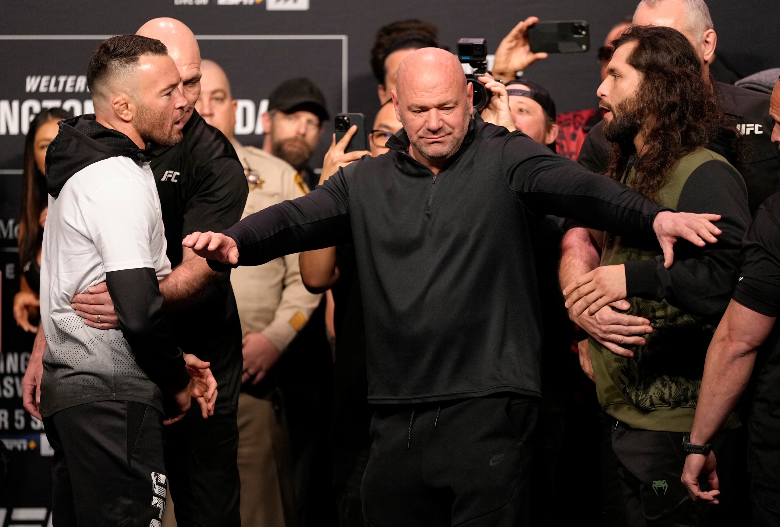 LAS VEGAS, NEVADA - MARCH 04: (L-R) Opponents Colby Covington and Jorge Masvidal face off during the UFC 272 ceremonial weigh-in at UFC T-Mobile Arena on March 04, 2022 in Las Vegas, Nevada. (Photo by Jeff Bottari/Zuffa LLC)