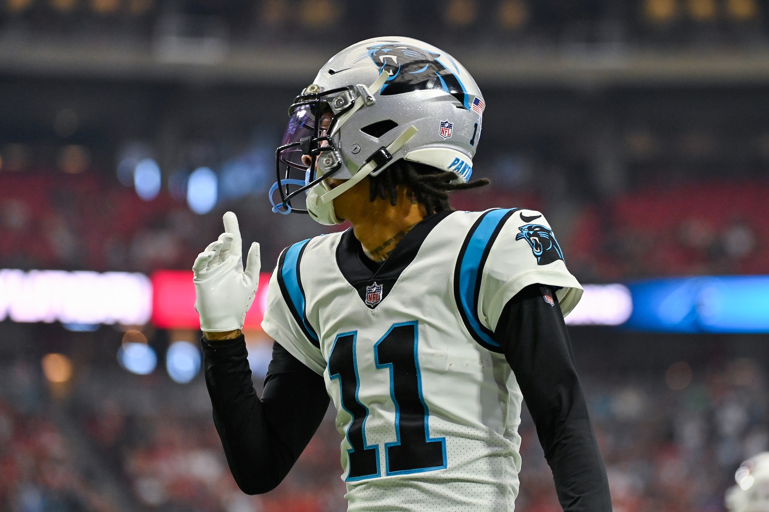 GLENDALE, ARIZONA - NOVEMBER 14: Robby Anderson #11 of the Carolina Panthers reacts after a first down against the Arizona Cardinals during the first quarter at State Farm Stadium on November 14, 2021 in Glendale, Arizona. The Panthers defeated the Cardinals 34-10. (Photo by Kelsey Grant/Getty Images)
