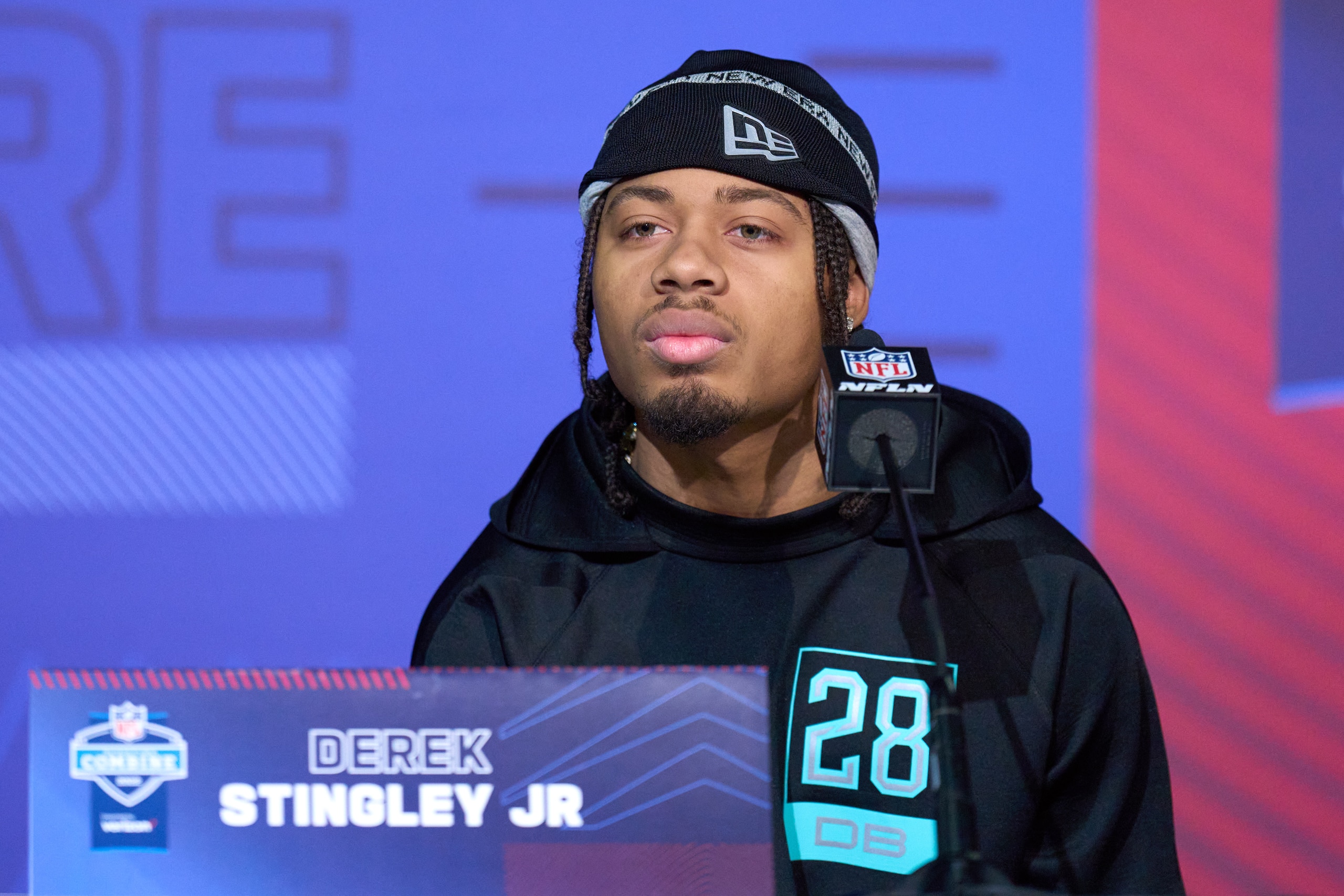 INDIANAPOLIS, IN - MARCH 05: LSU defensive back Derek Stingley Jr. answers questions from the media during the NFL Scouting Combine on March 5, 2022, at the Indiana Convention Center in Indianapolis, IN. (Photo by Robin Alam/Icon Sportswire via Getty Images)