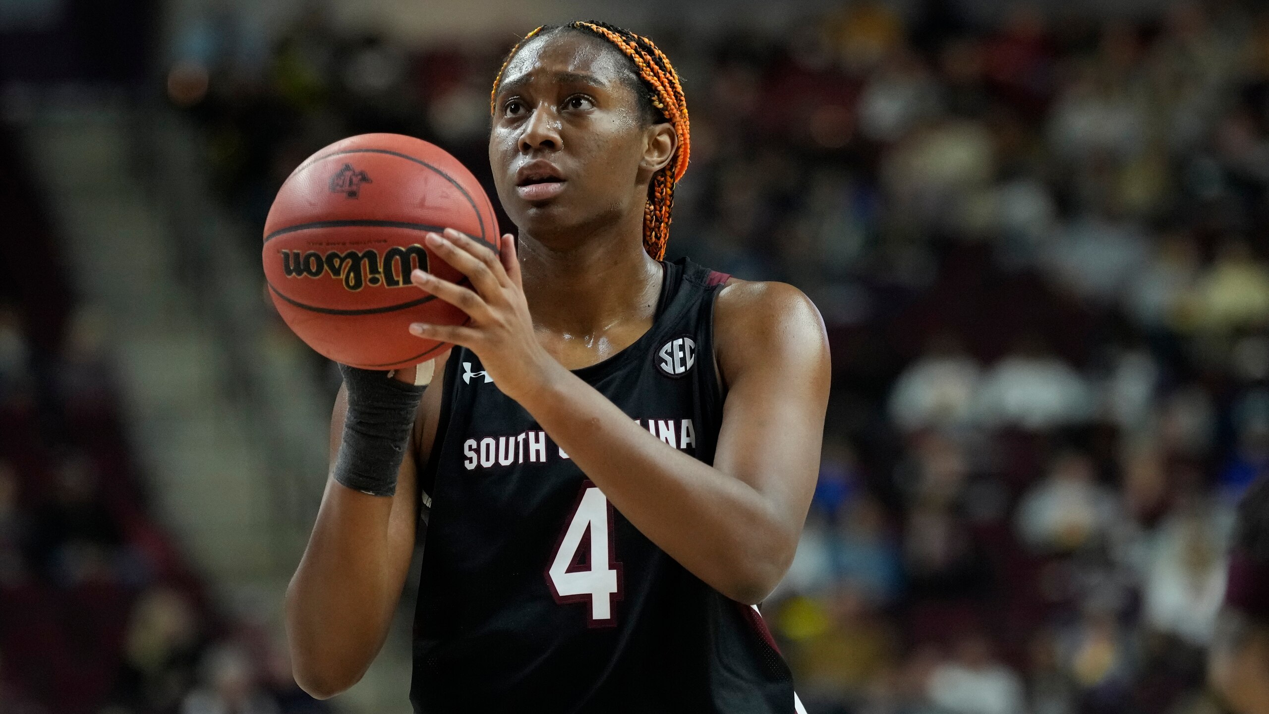 South Carolina forward Aliyah Boston (4) shoots a free throw against Texas A&M during the first half of an NCAA college basketball game Thursday, Feb. 24, 2022, in College Station, Texas. (AP Photo/Sam Craft)