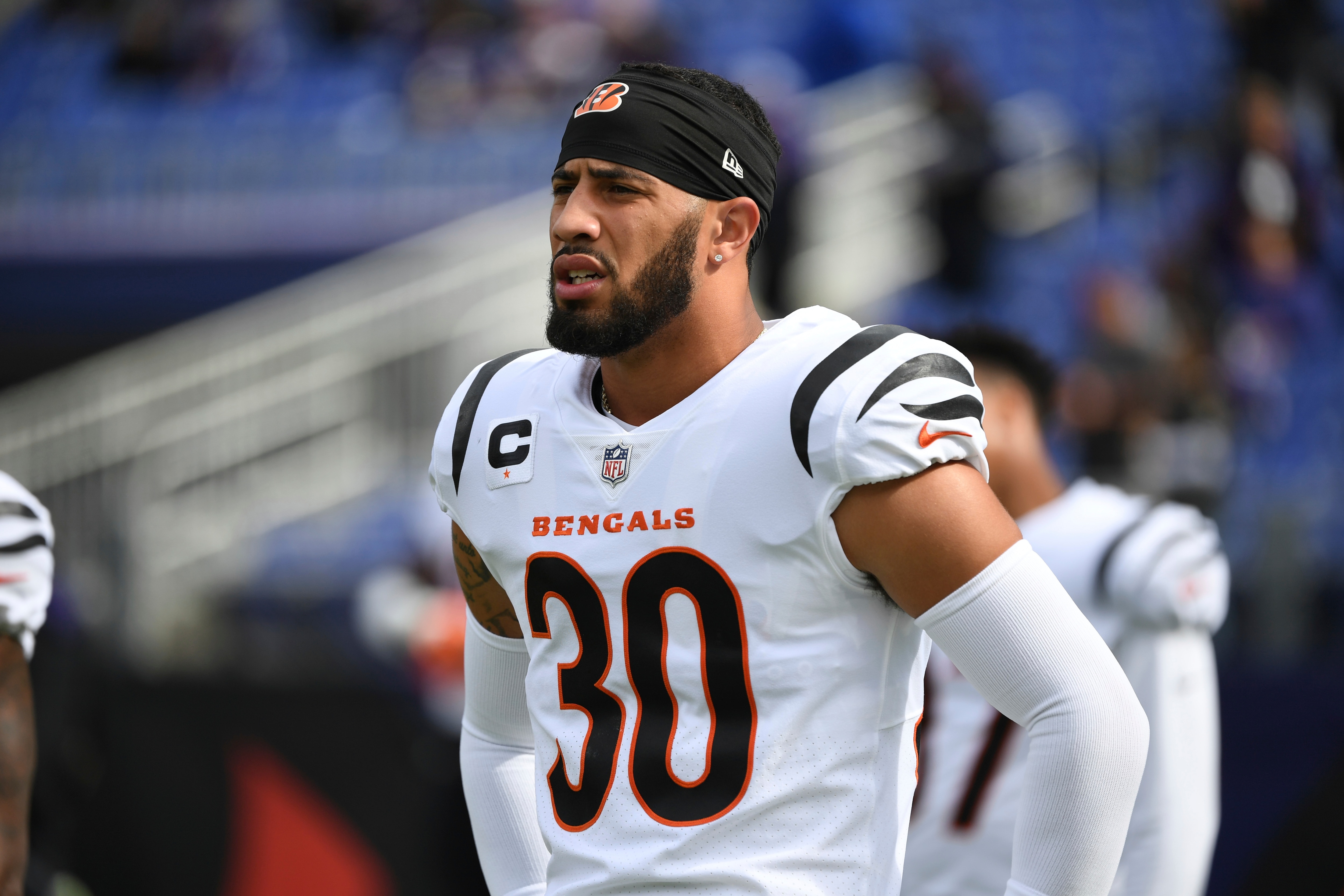 Cincinnati Bengals safety Jessie Bates III (30) looks on during pre-game warm-ups before an NFL football game against the Baltimore Ravens, Sunday, Oct. 24, 2021, in Baltimore. (AP Photo/Terrance Williams)