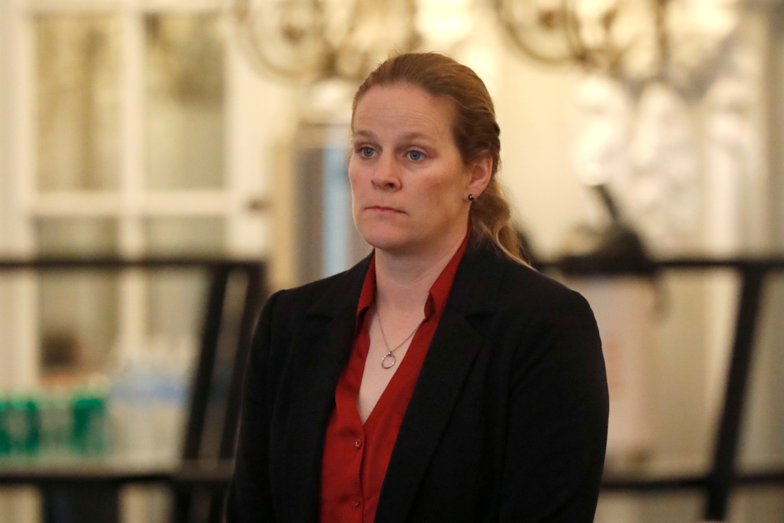 Cindy Parlow Cone, vice-president of U.S. Soccer attends a meeting of the organization's board of directors Friday, Dec. 6, 2019, in Chicago. (AP Photo/Charles Rex Arbogast)